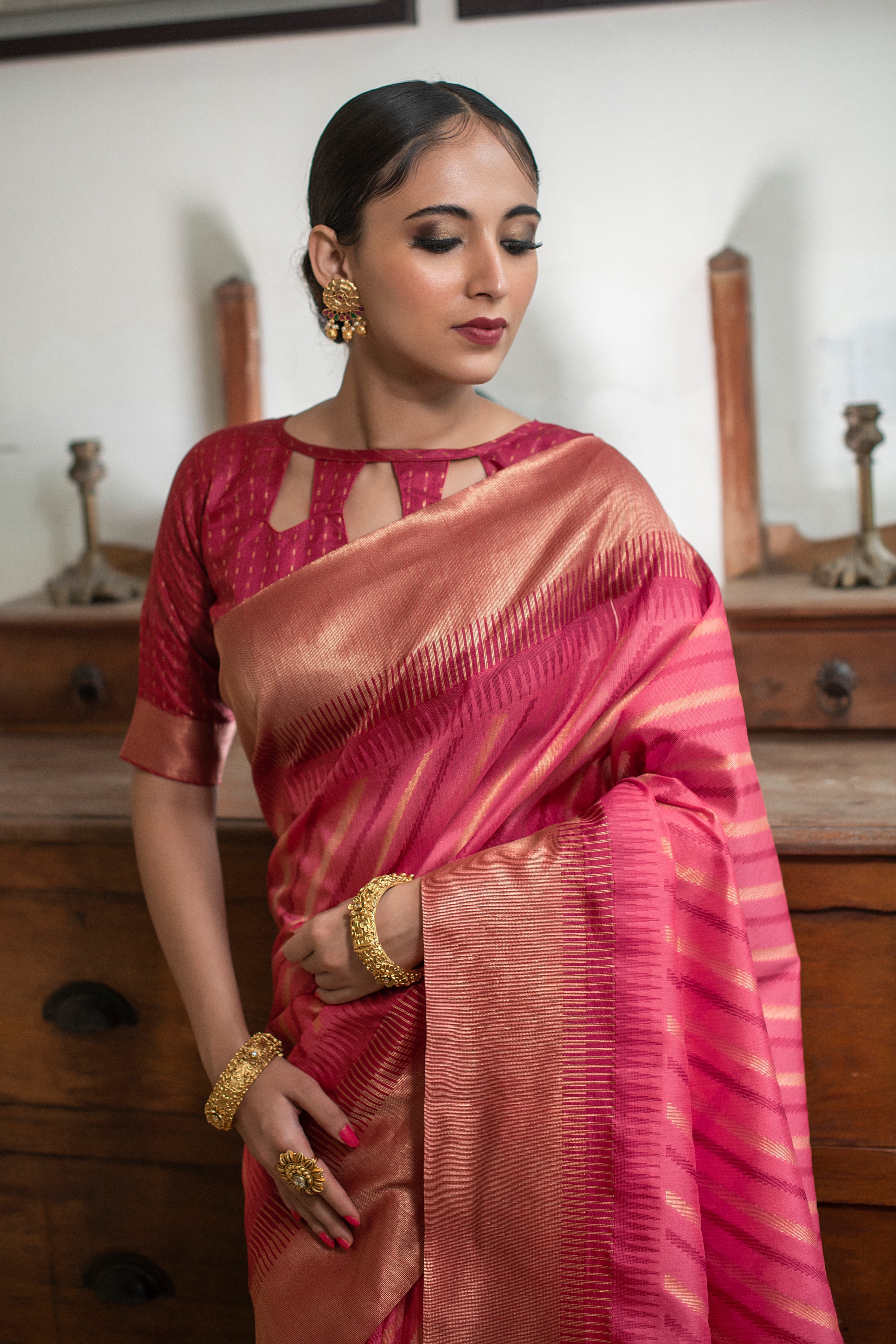 Designer Pink South Silk Saree with Wevon Ikkat Pallu