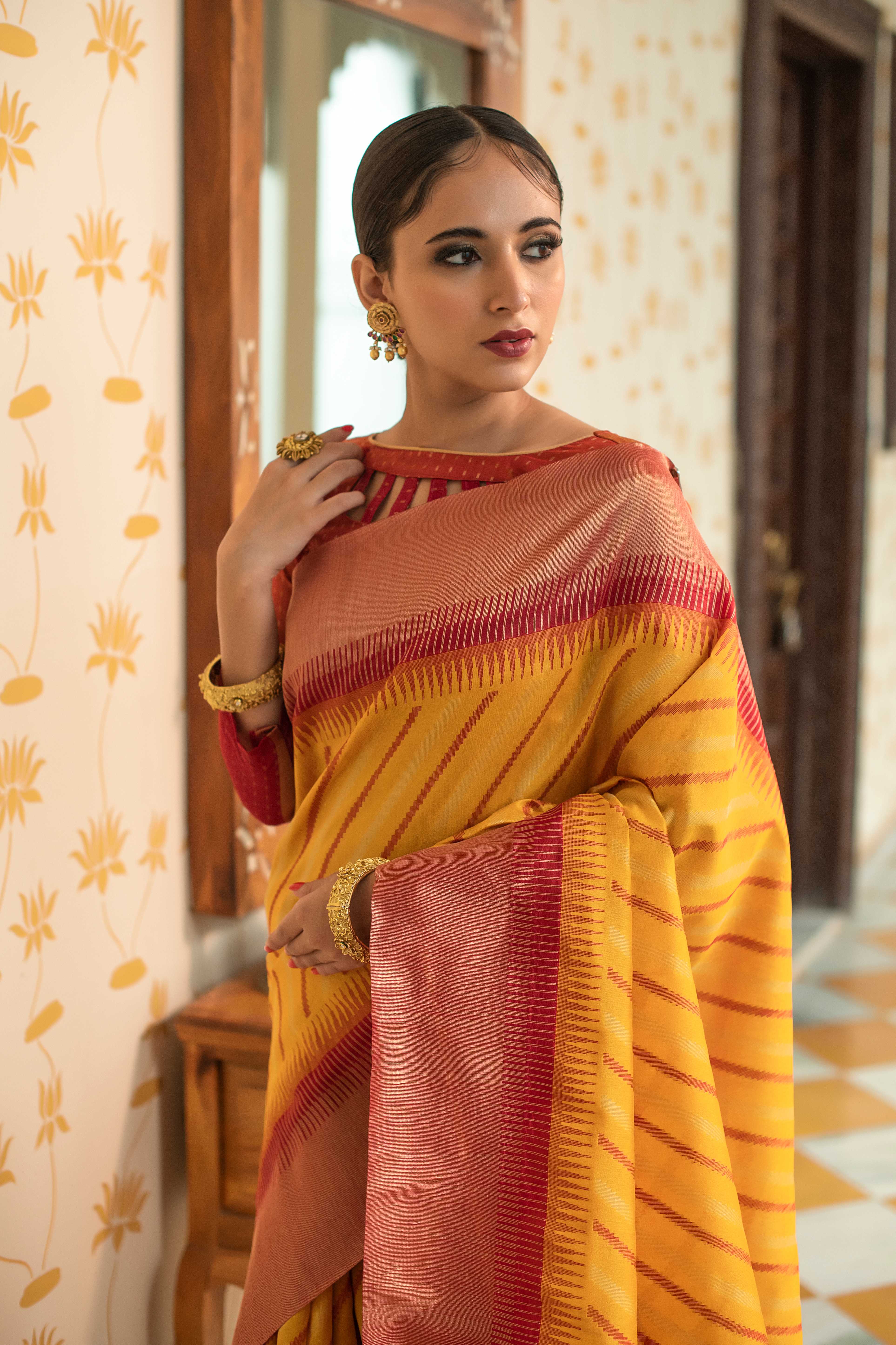 Designer Wine South Silk Saree with Maroon Blouse & Ikkat Pallu