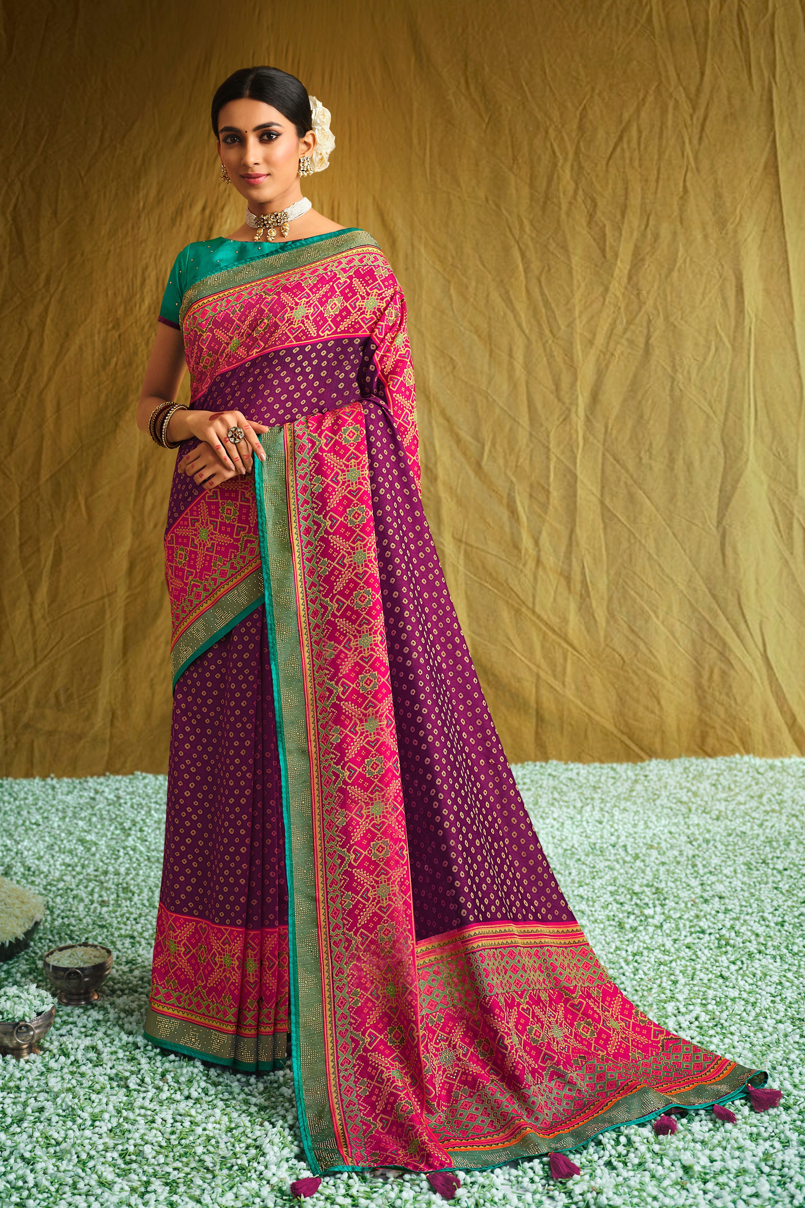 Wine Satin Brasso Printed Saree with Swarovski Work & Turquoise Blouse