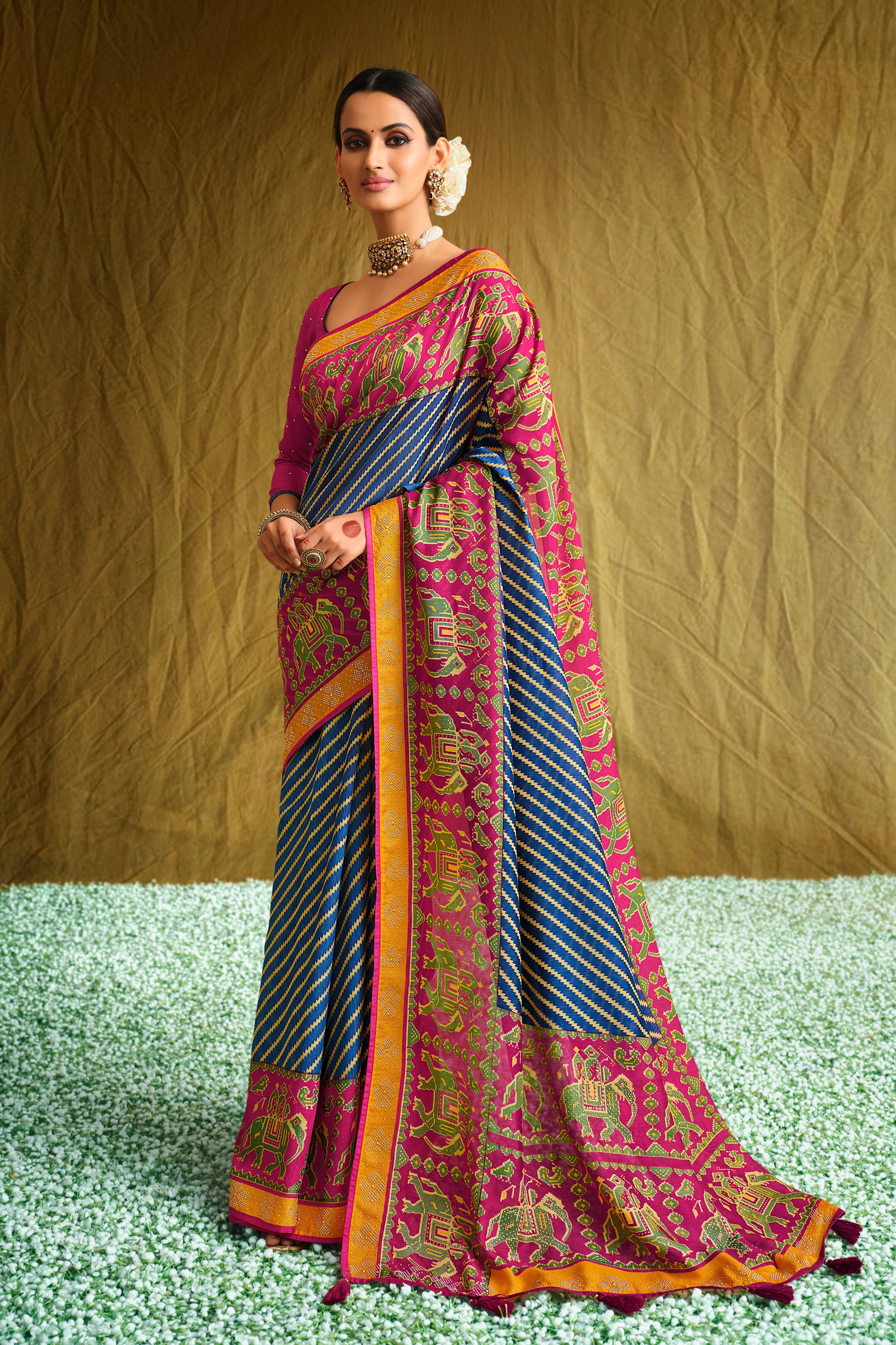 Regal Blue Brasso Printed Satin Saree with Festive Elegance