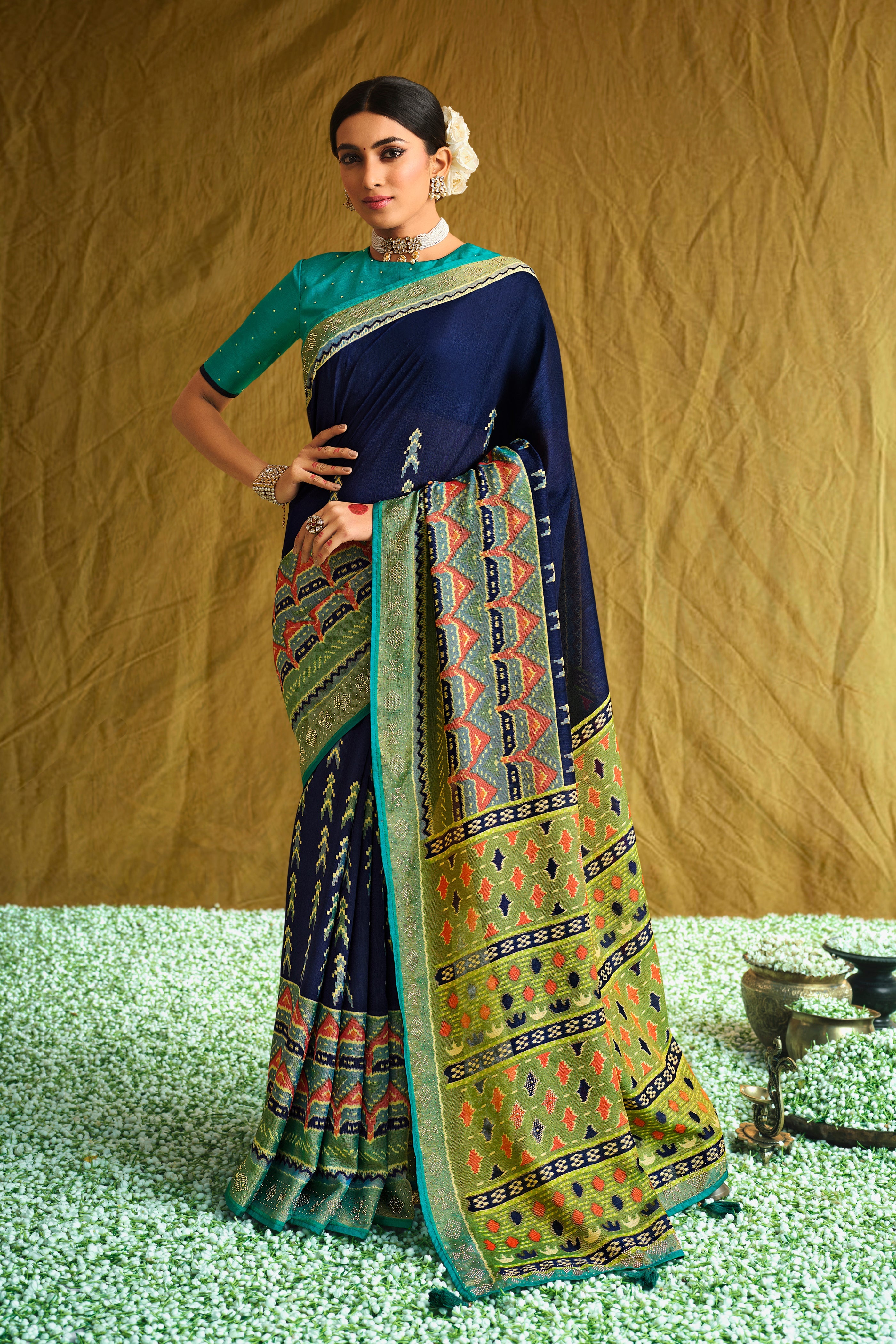 Navy Blue Satin Brasso Printed Saree with Swarovski Work and Turquoise Blouse