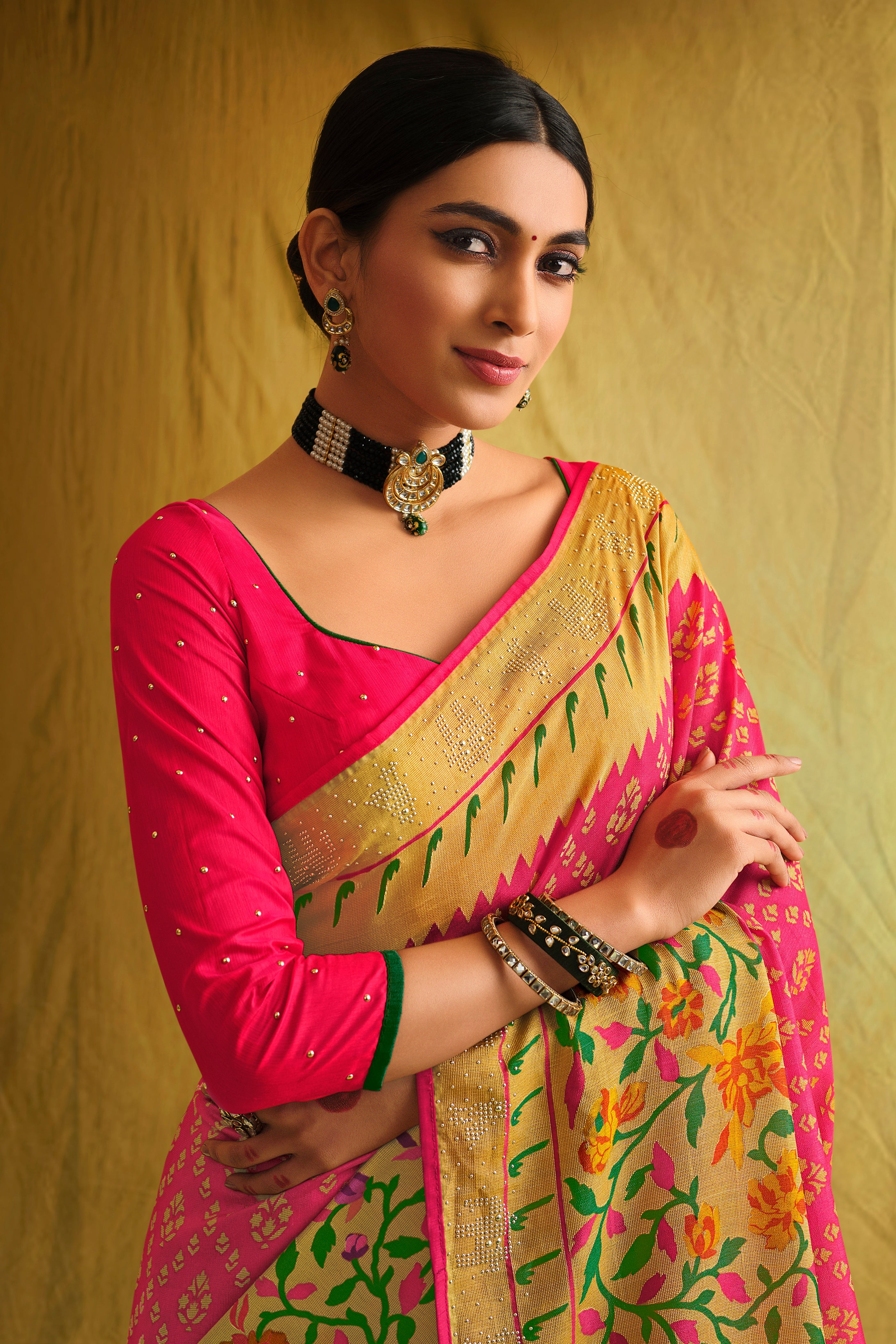 Rani Satin Brasso Printed Saree with Matching Rani Blouse and Designer Floral Work