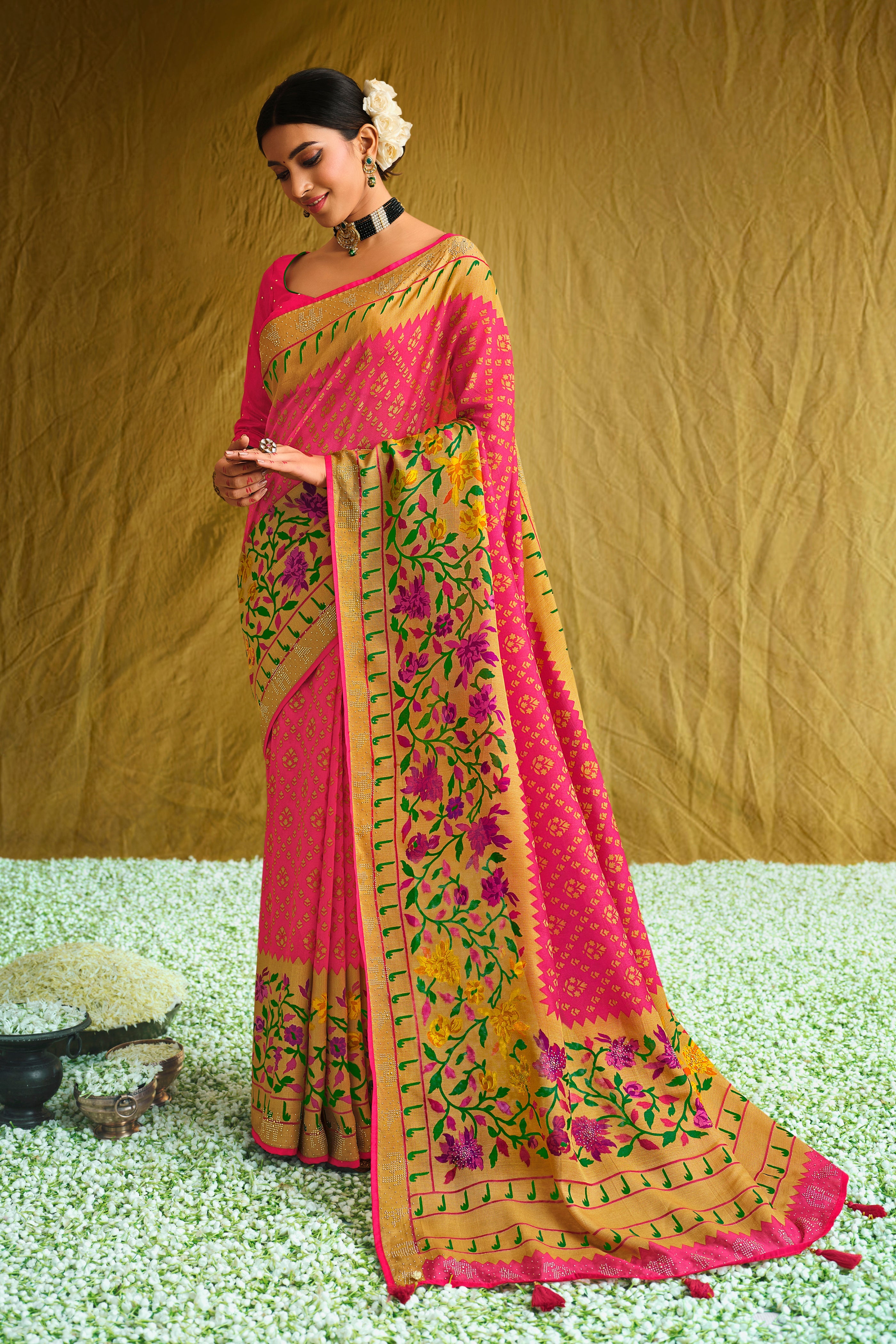 Rani Satin Brasso Printed Saree with Matching Rani Blouse and Designer Floral Work