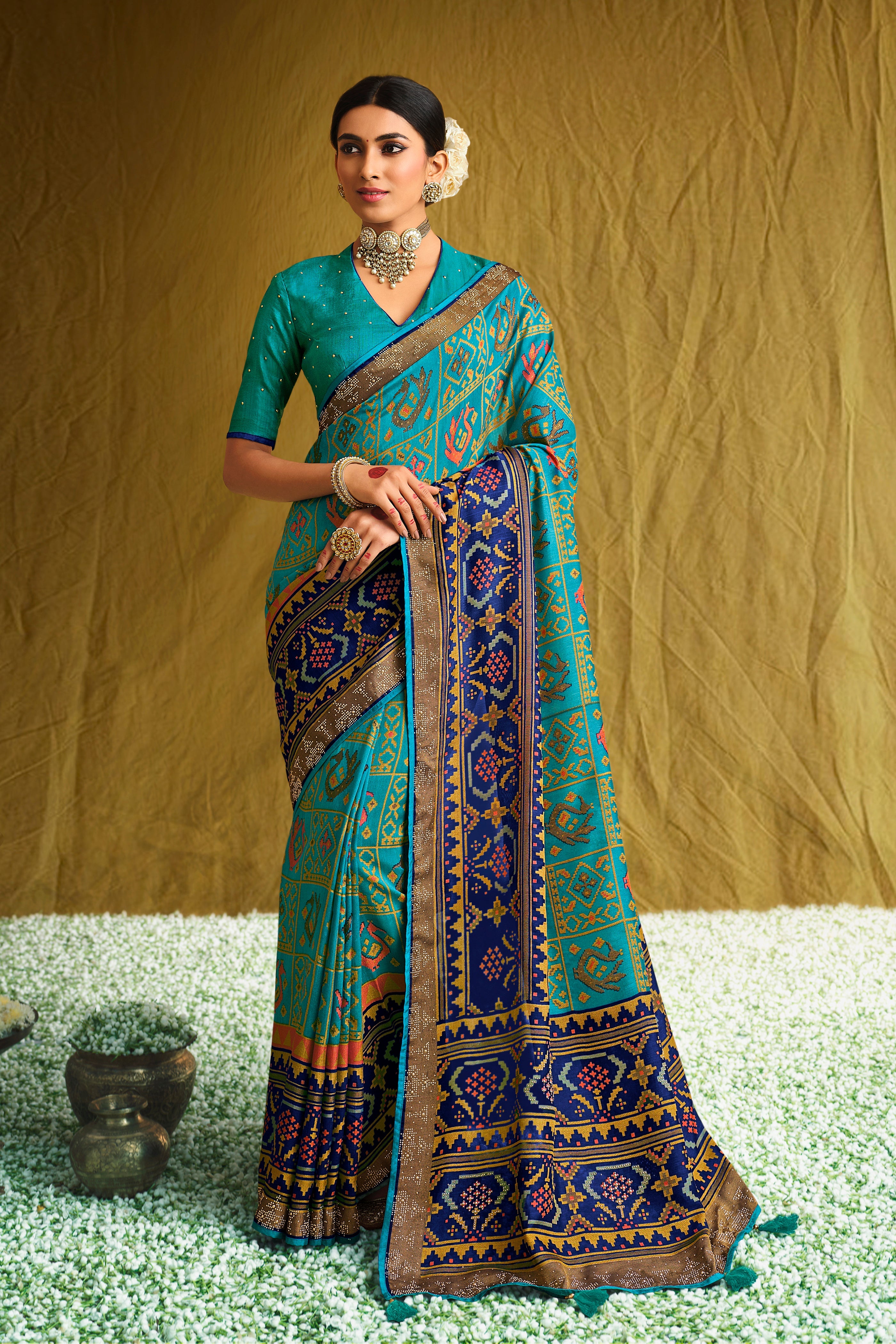 Rama Satin Brasso Printed Saree with Matching Blouse and Designer Pallu