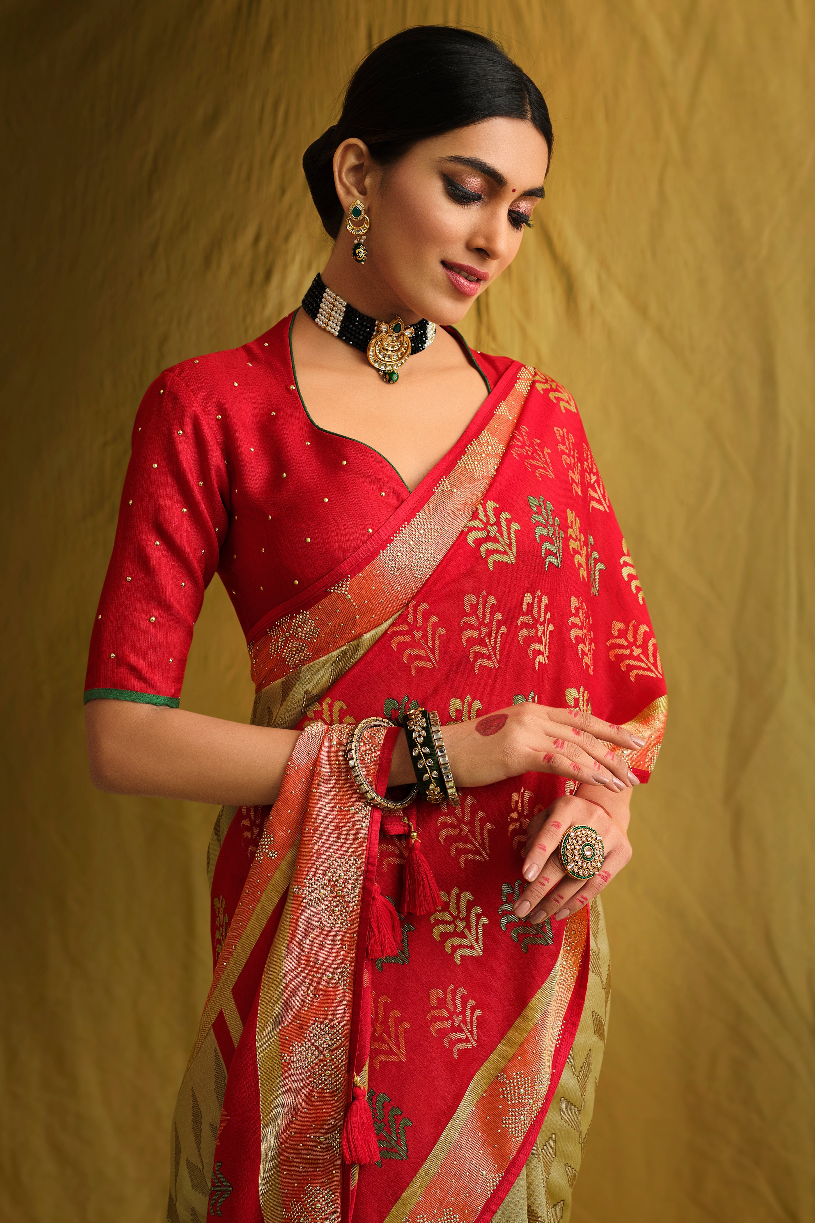Designer Beige & Red Satin Saree with Brasso Print & Swarovski Work