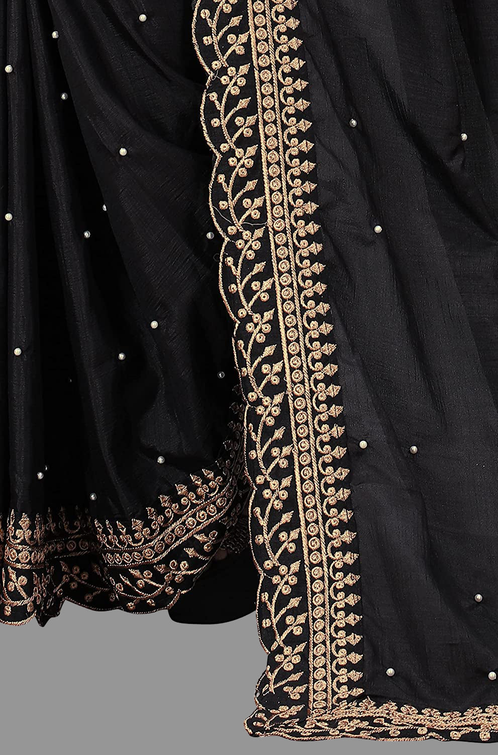 Black Vichitra Silk Saree with Embroidery Cut Work Lace & Moti Work