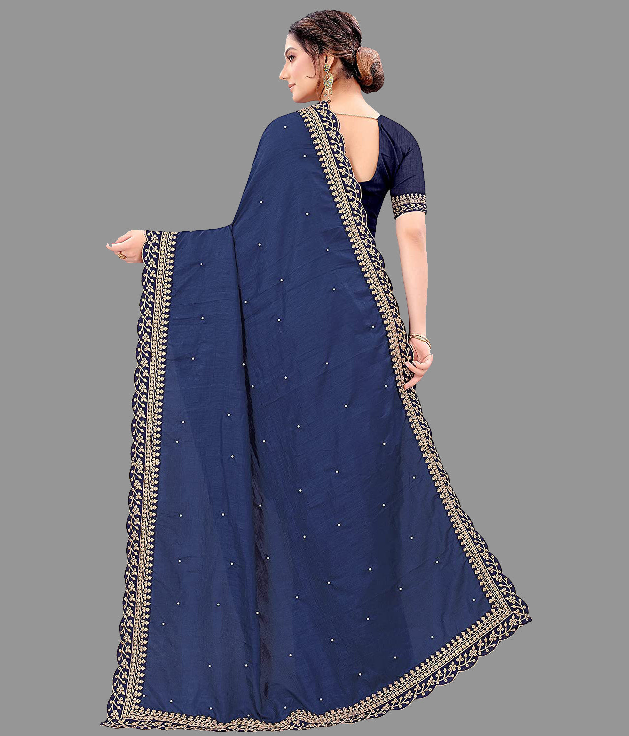 Blue Vichitra Silk Saree with Embroidery Cut Work Lace & Moti Work