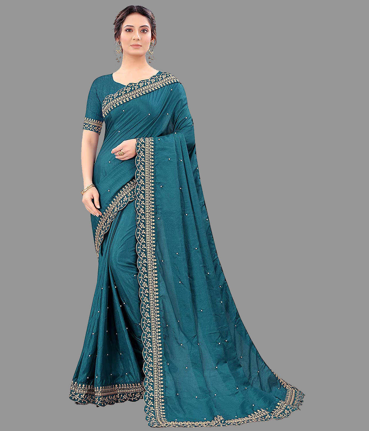 Elegant Teal Blue Vichitra Silk Saree with Embroidery Cut Work