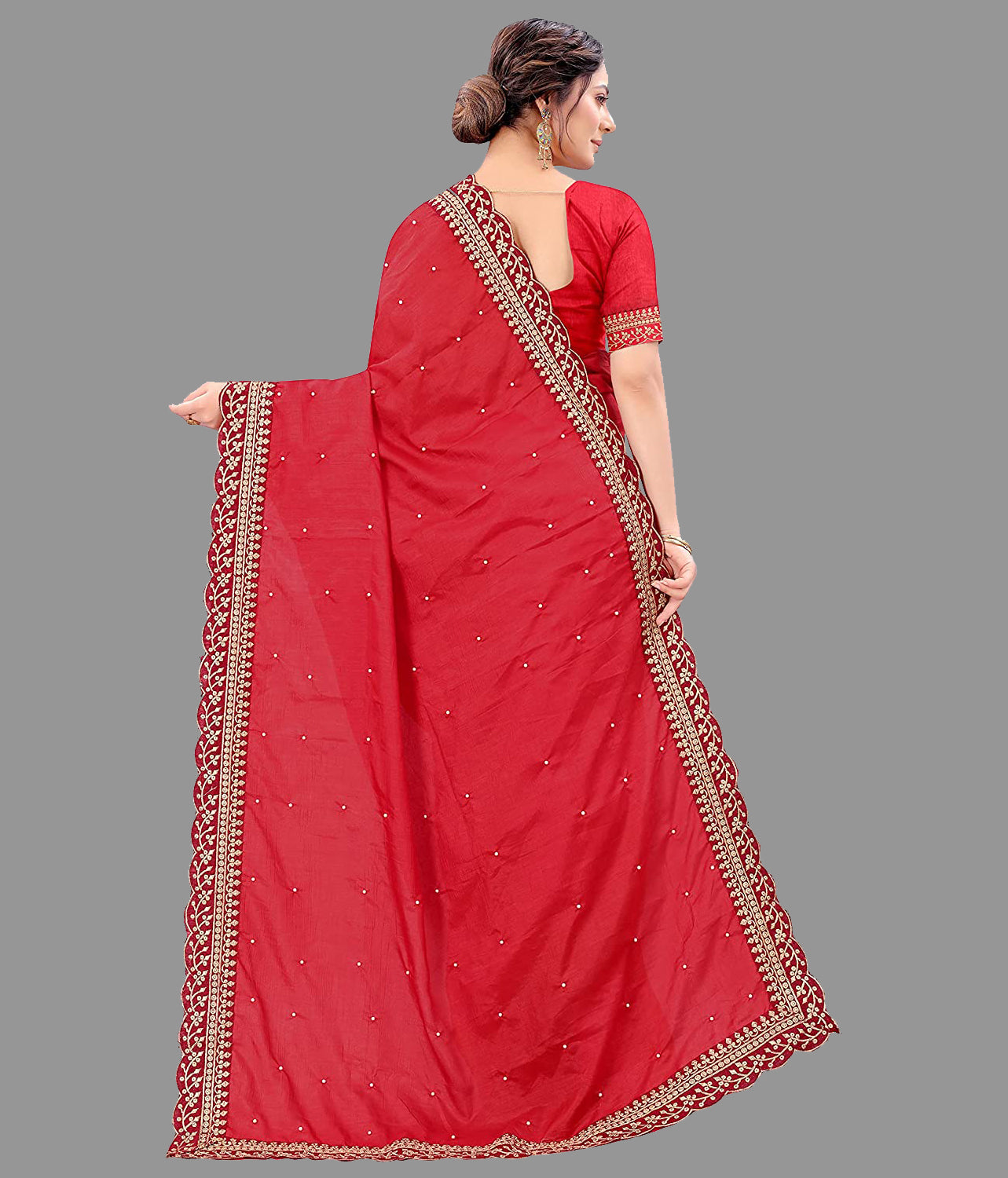 Radiant Red Vichitra Silk Saree with Embroidery Cut Work