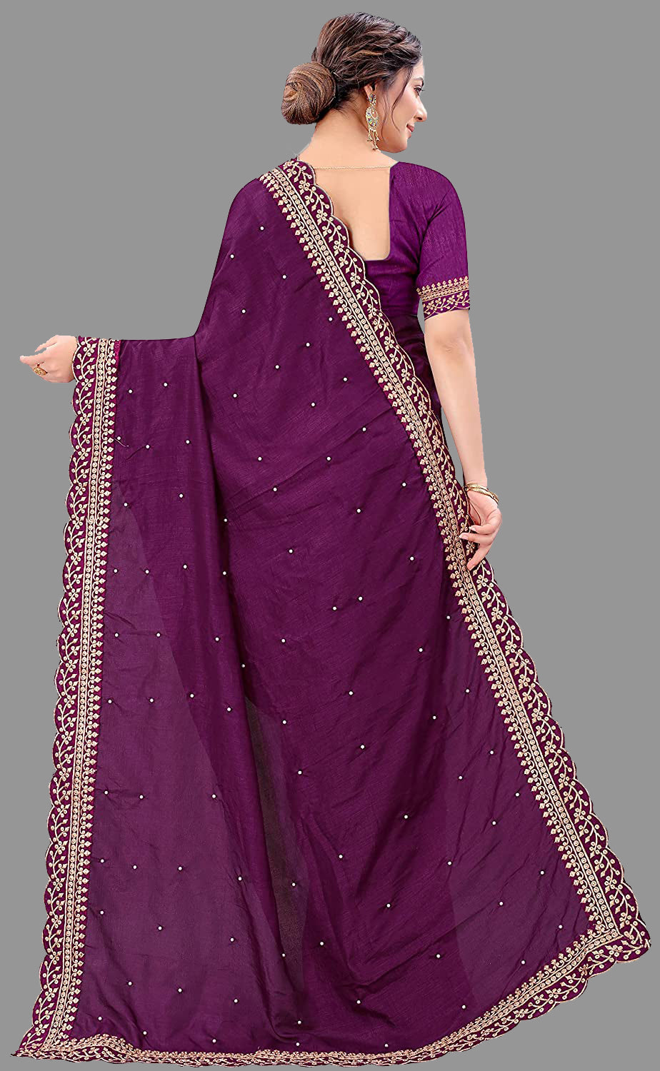 Royal Purple Vichitra Silk Saree with Embroidery Cut Work