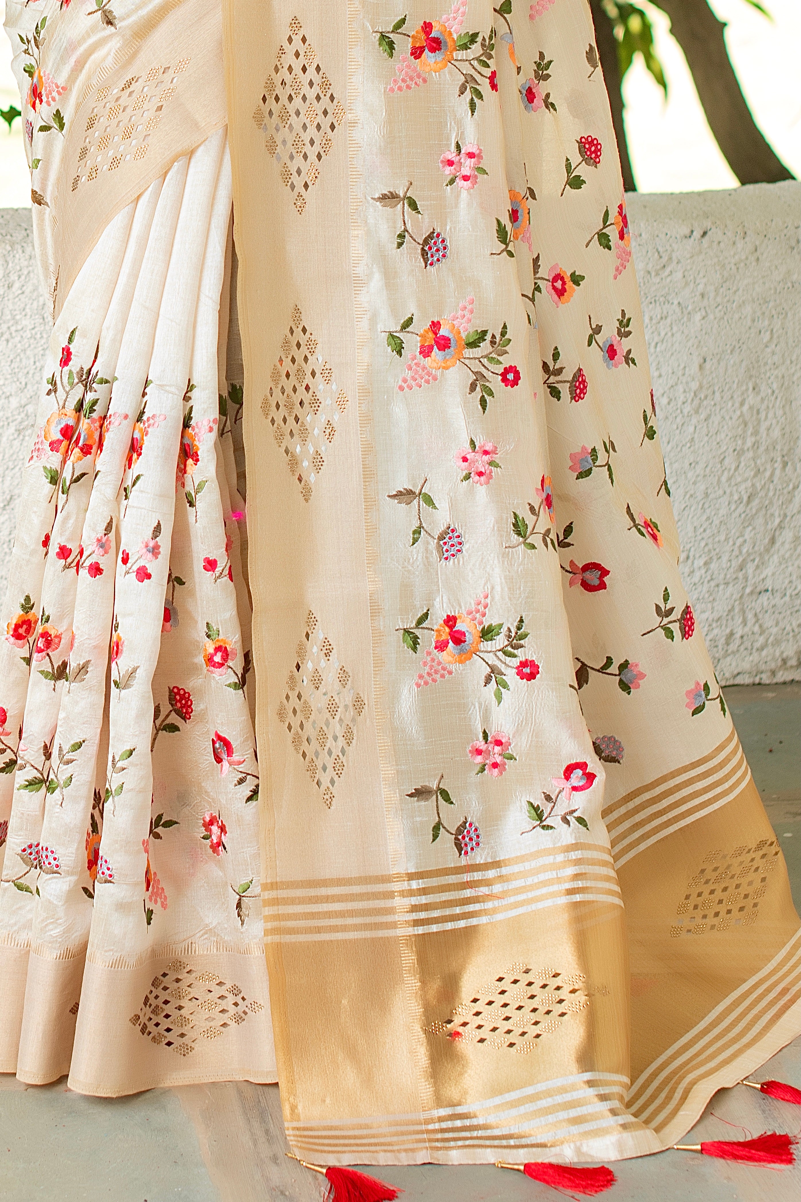 Cream Mysore Silk Saree with Embroidery