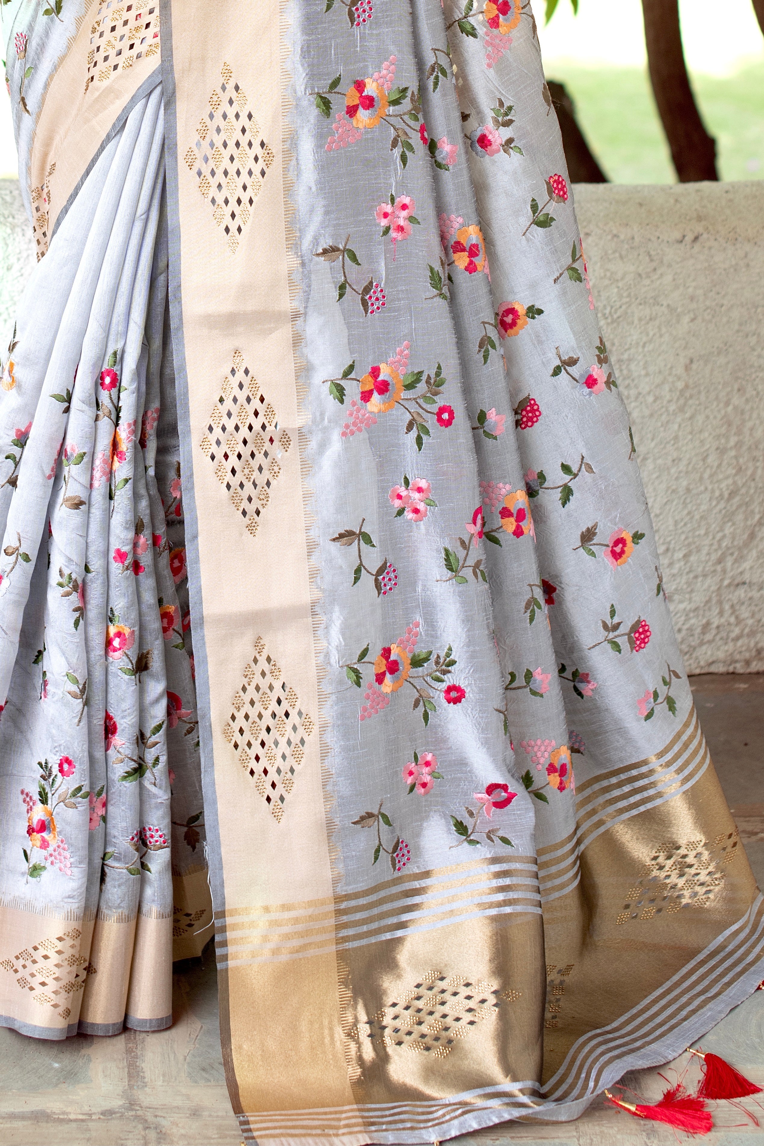Elegant Grey Mysore Silk Saree with Floral Embroidery