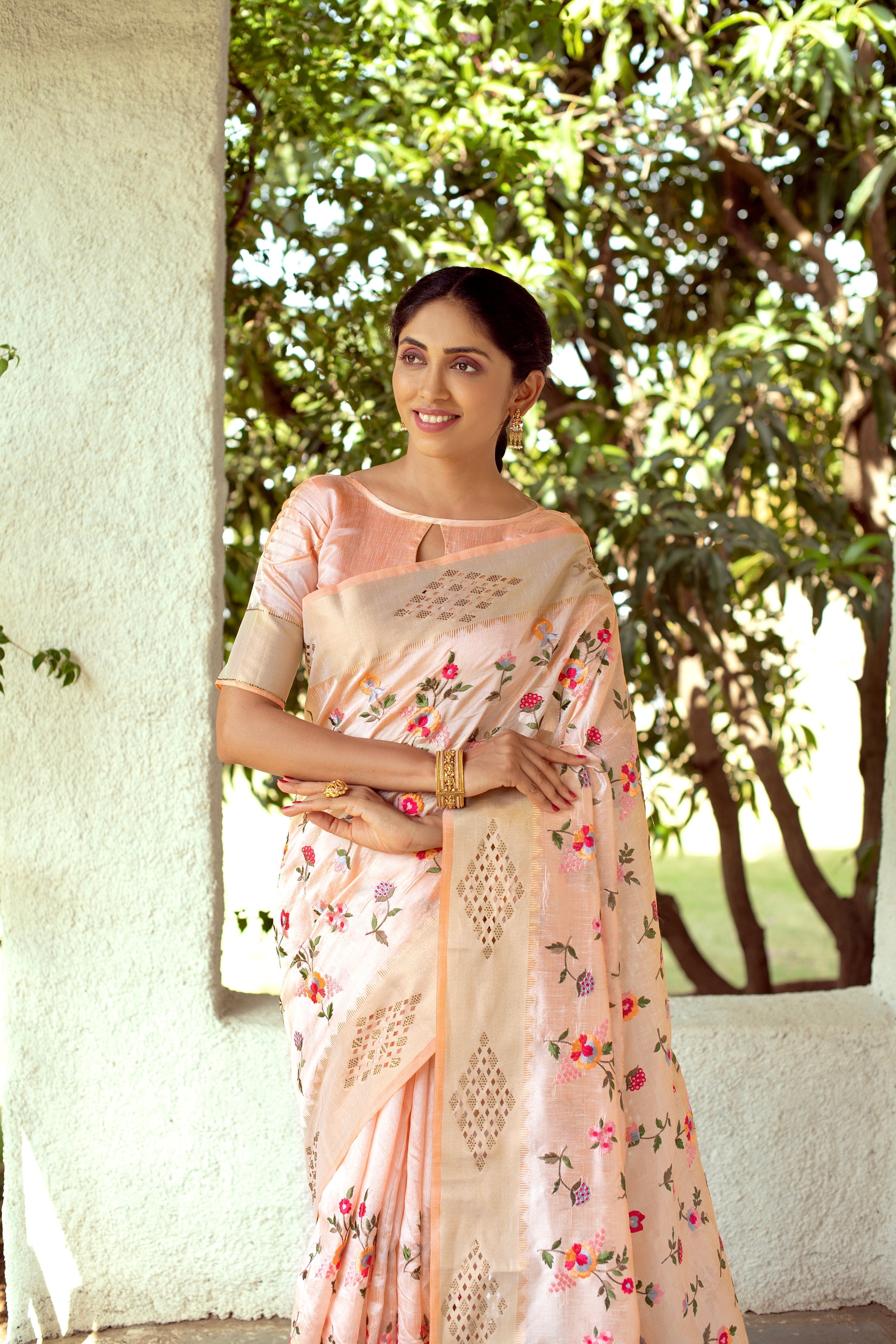 Peach Mysore Silk Saree with Embroidery