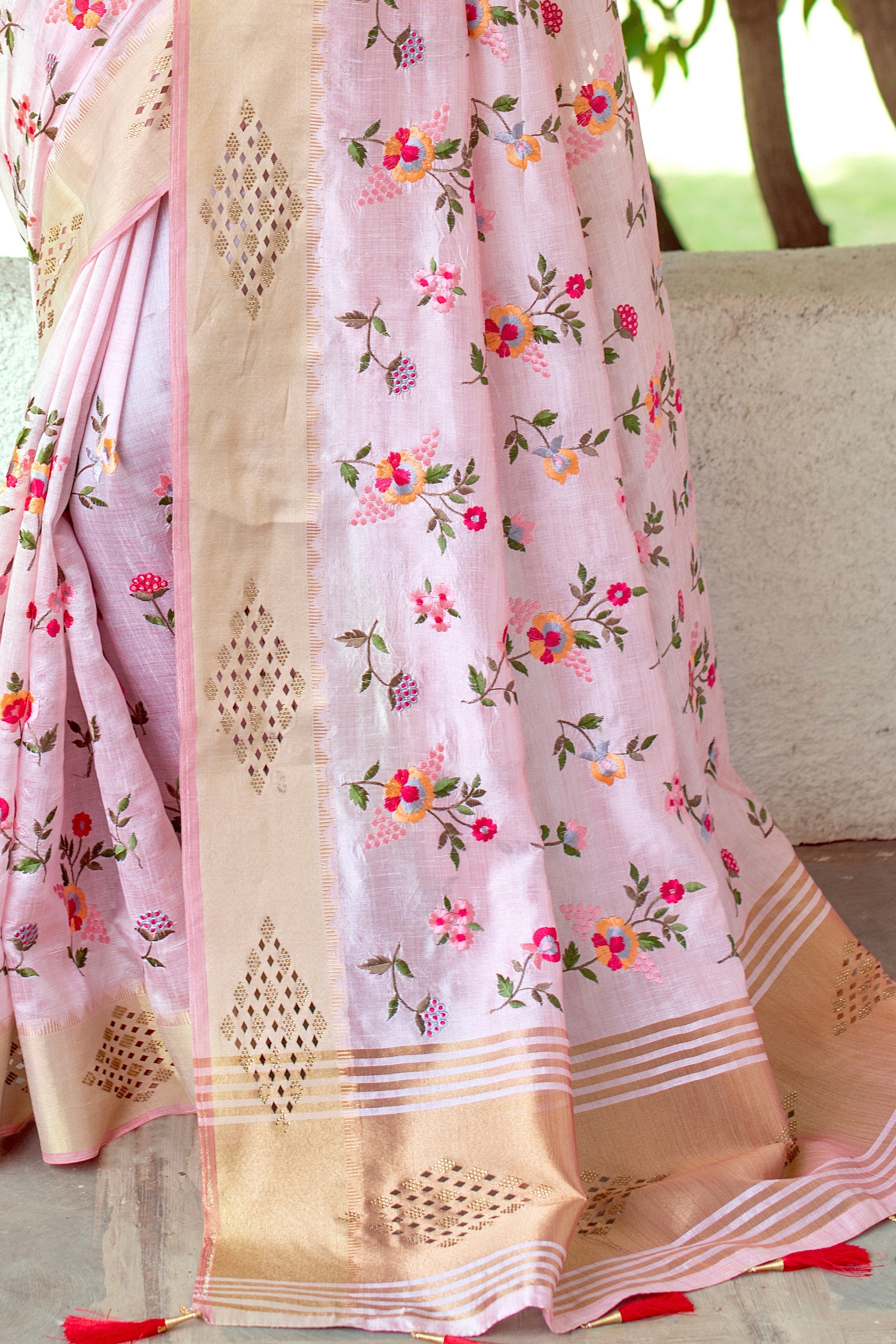 Pink Mysore Silk Saree with Floral Embroidery