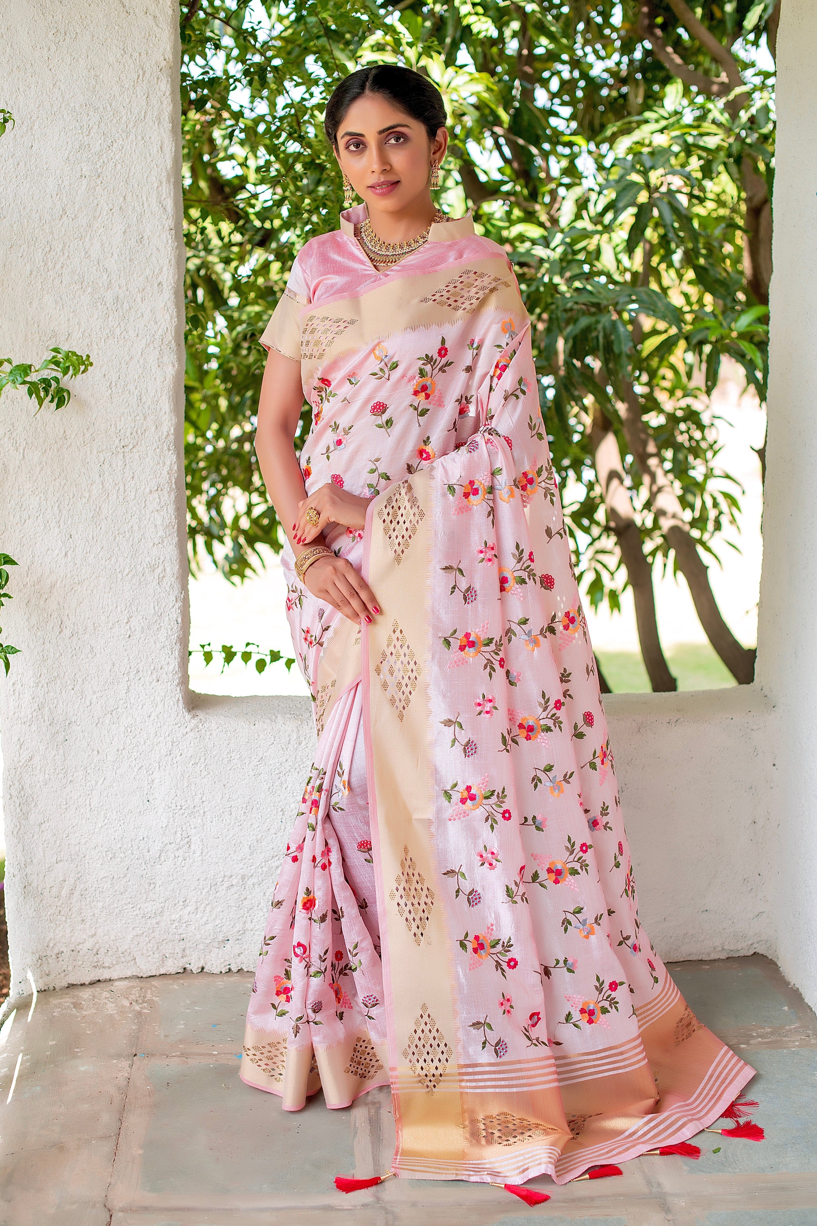 Pink Mysore Silk Saree with Floral Embroidery