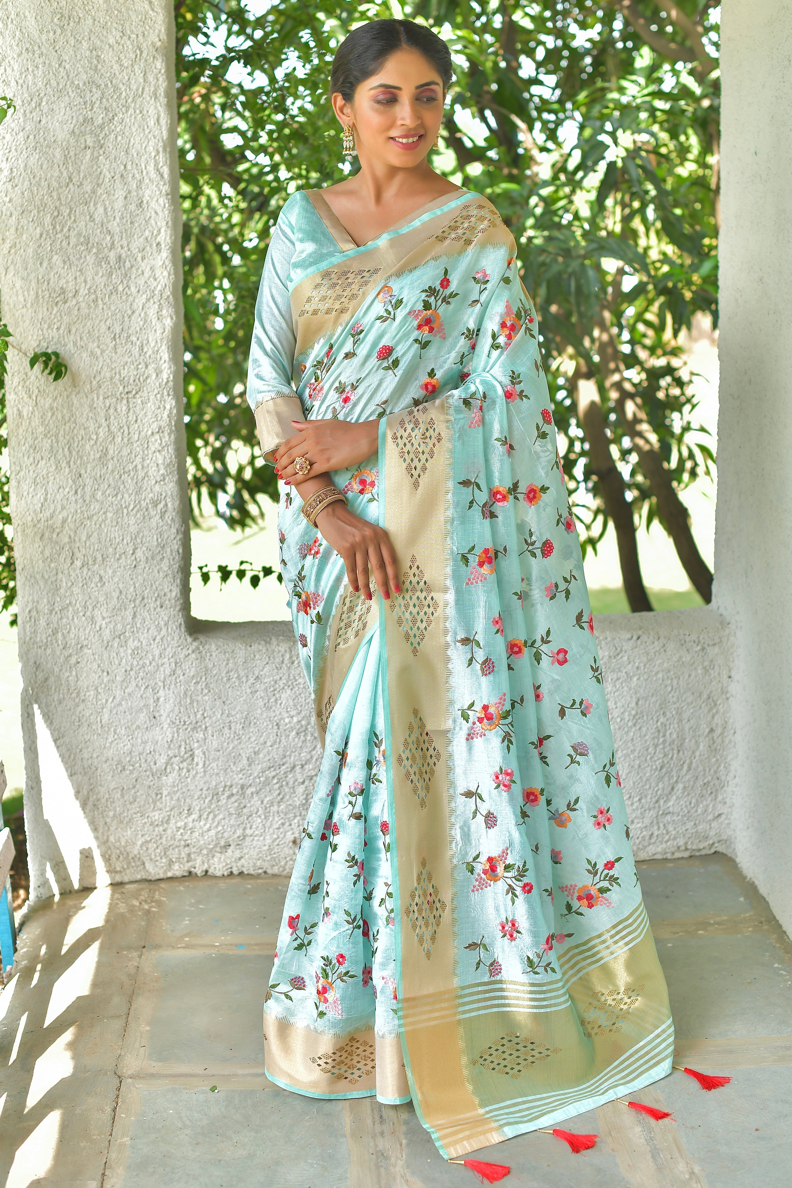Mint Green Mysore Silk Saree with Embroidery