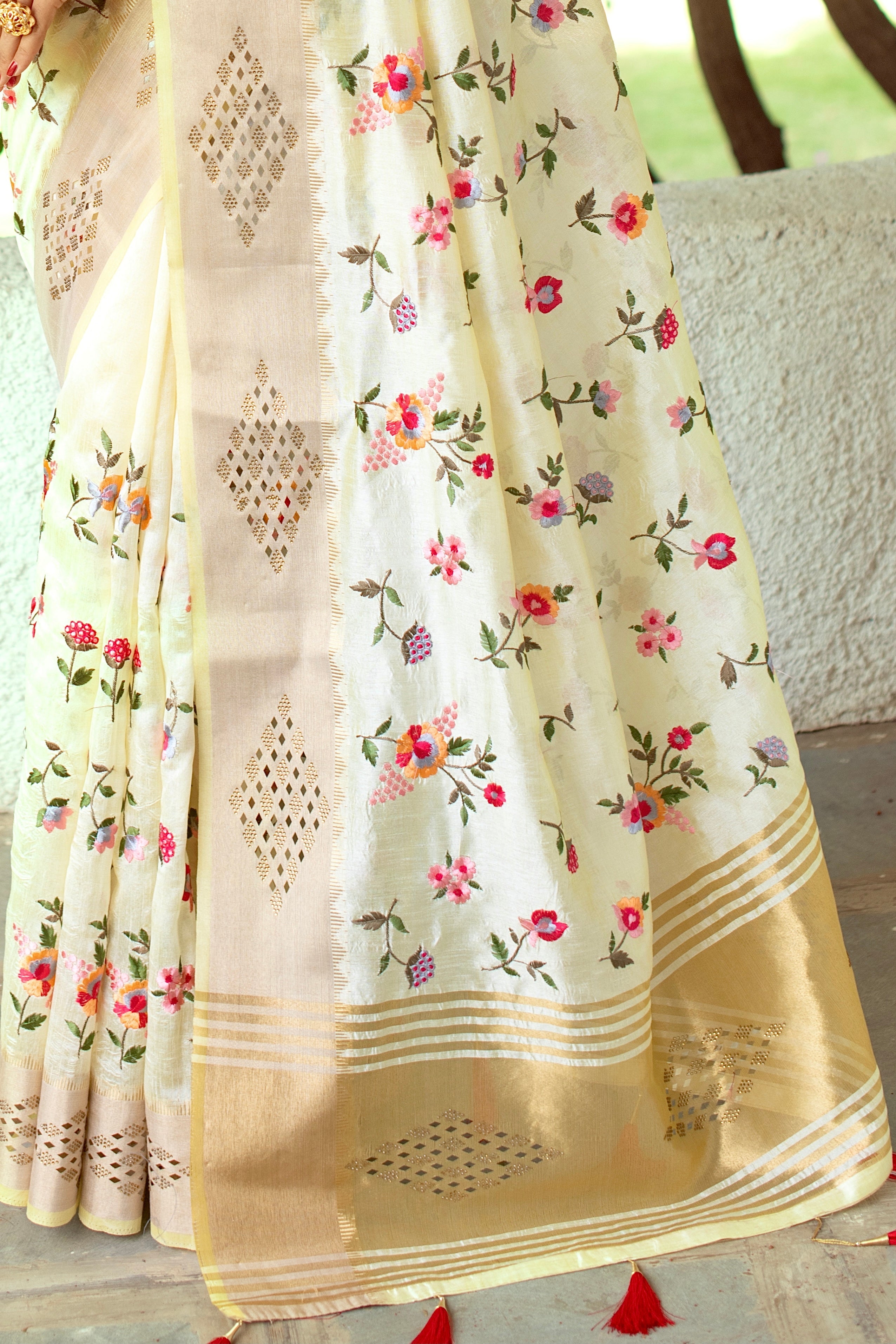 Yellow Mysore Silk Saree with Floral Embroidery