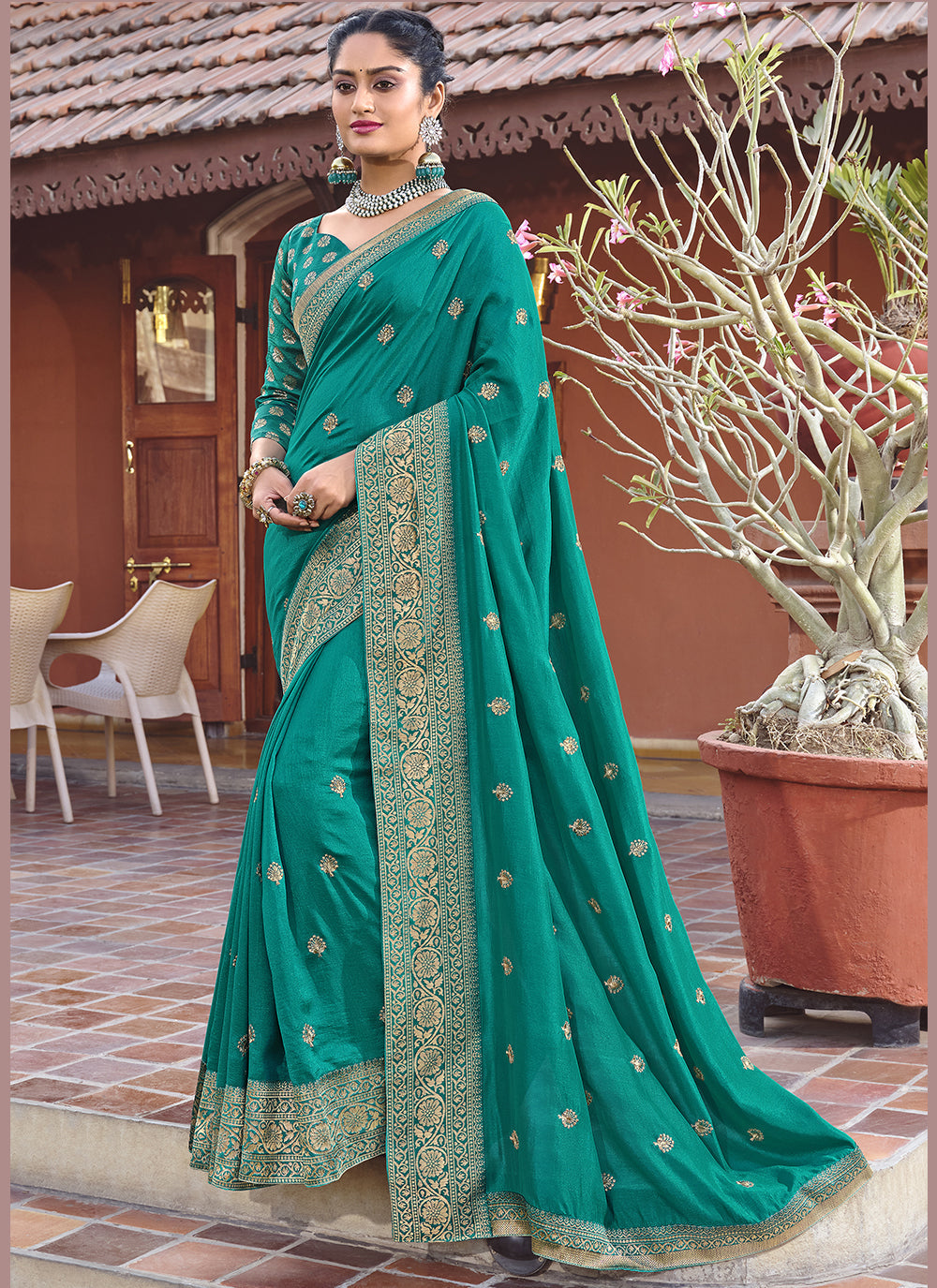 Sea Green Silk Blend Saree with Embroidered Wevon Border & Blouse