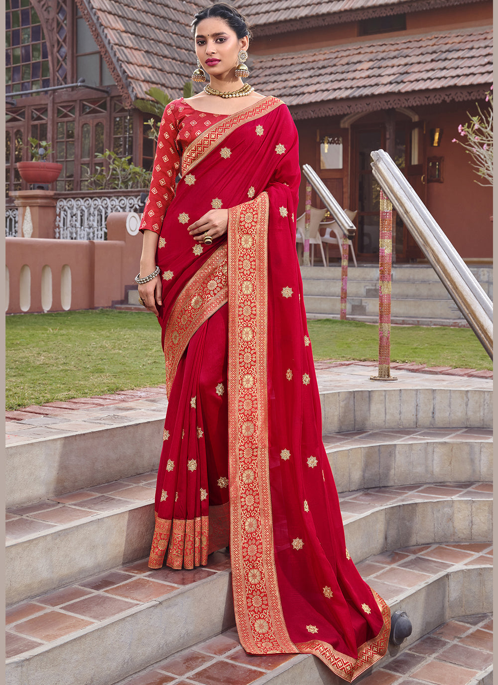 Red Silk Blend Saree with Golden Embroidery and Wevon Border Blouse