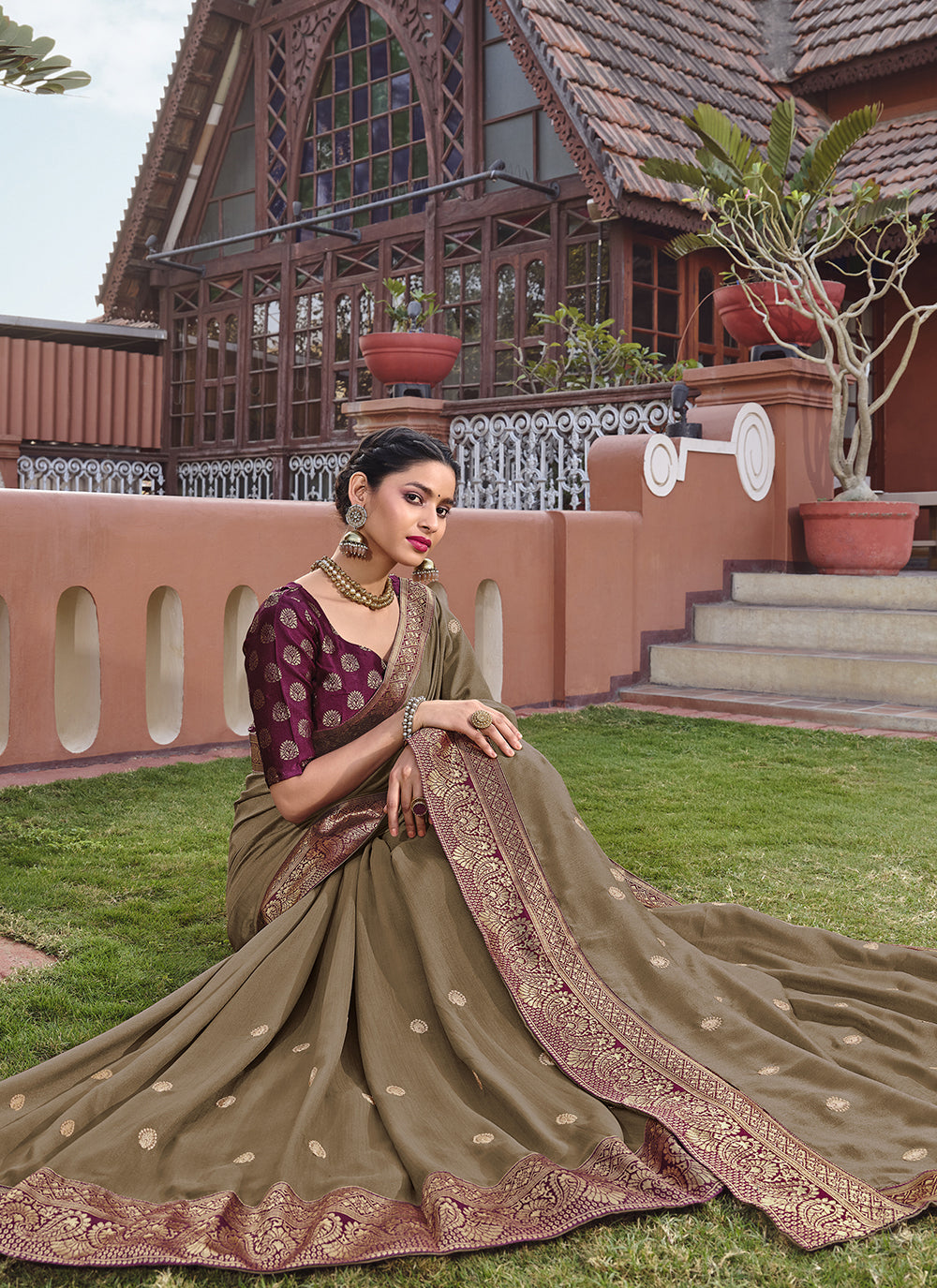 Olive Silk Blend Saree with Maroon Embroidered Wevon Border & Blouse