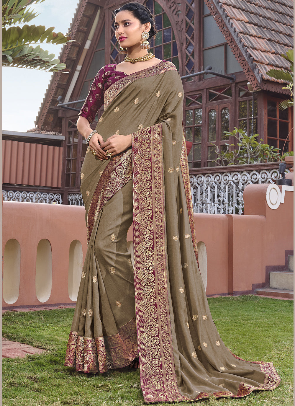Olive Silk Blend Saree with Maroon Embroidered Wevon Border & Blouse