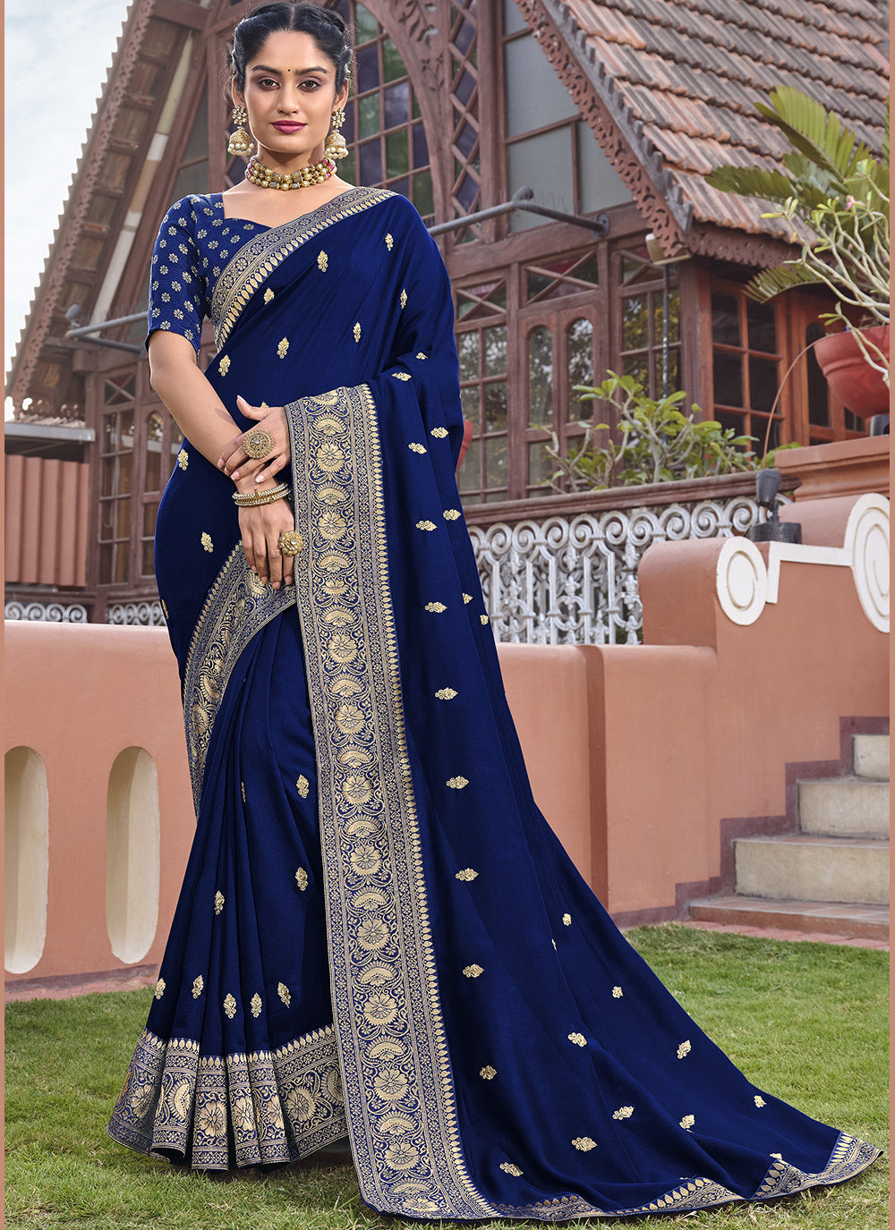 Royal Blue Silk Blend Saree with Golden Embroidery and Wevon Border Blouse