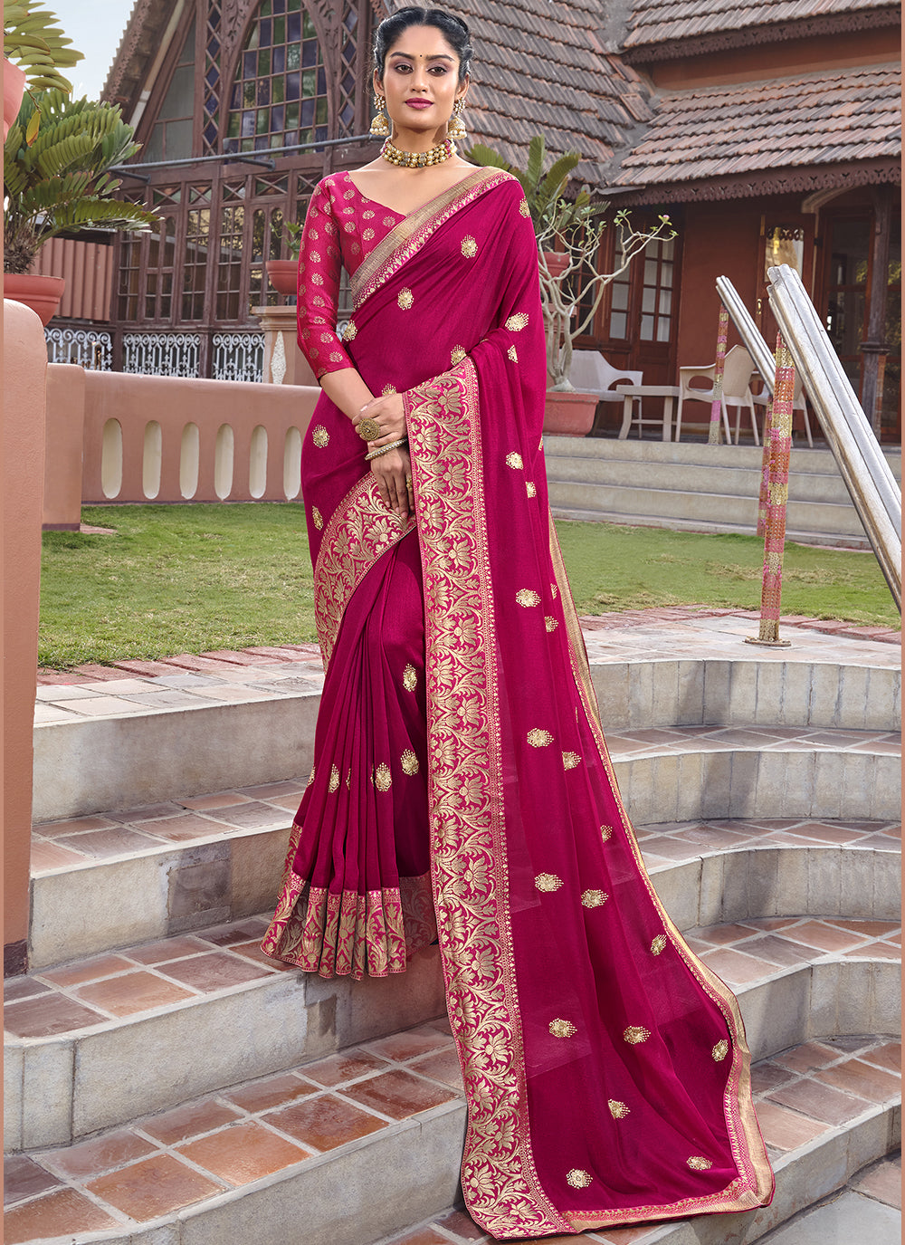 Pink Silk Blend Saree with Golden Embroidery and Wevon Border Blouse