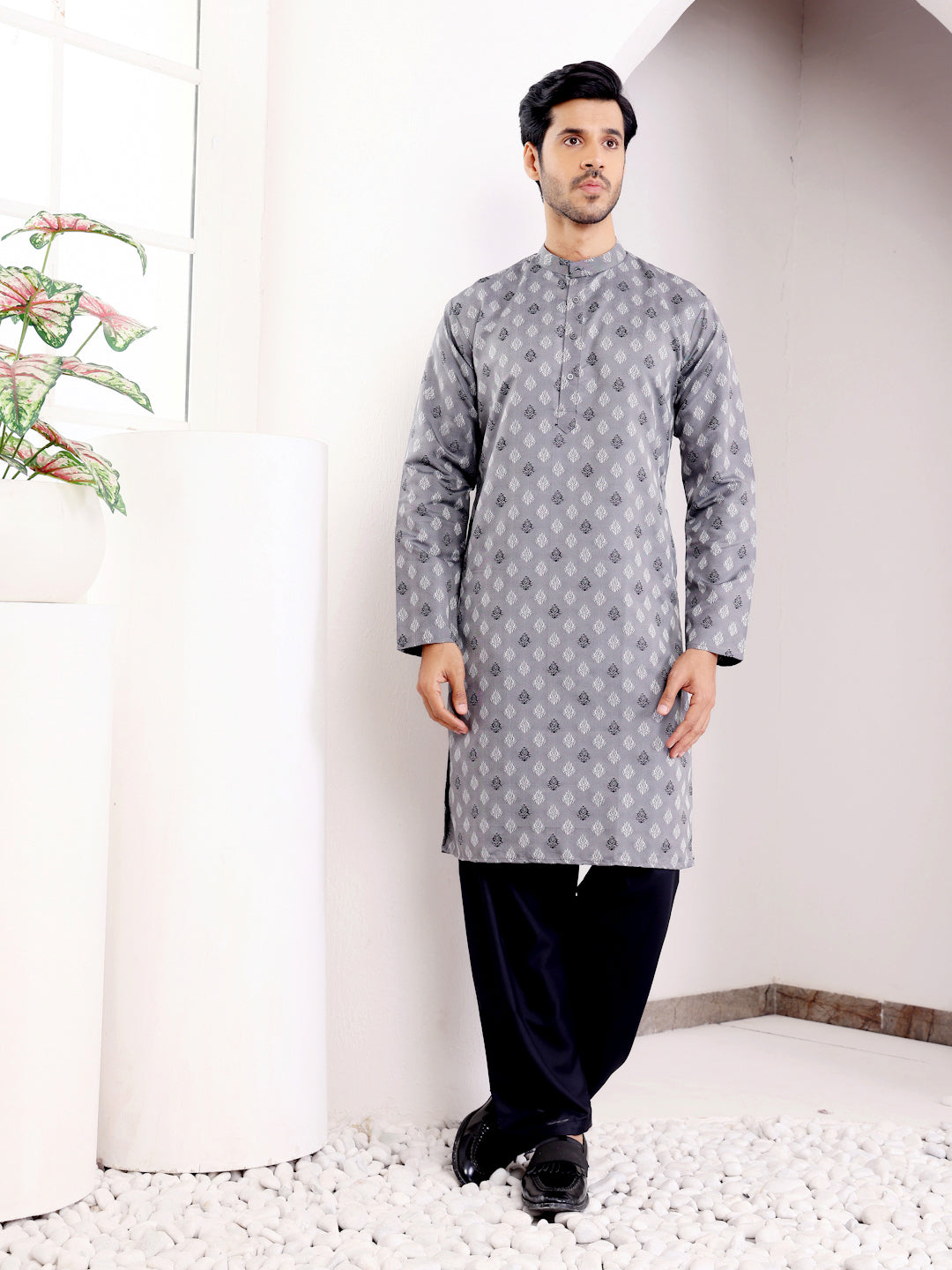 Grey Viscose Jacquard Kurta for Men – Perfect for Festive & Wedding Wear