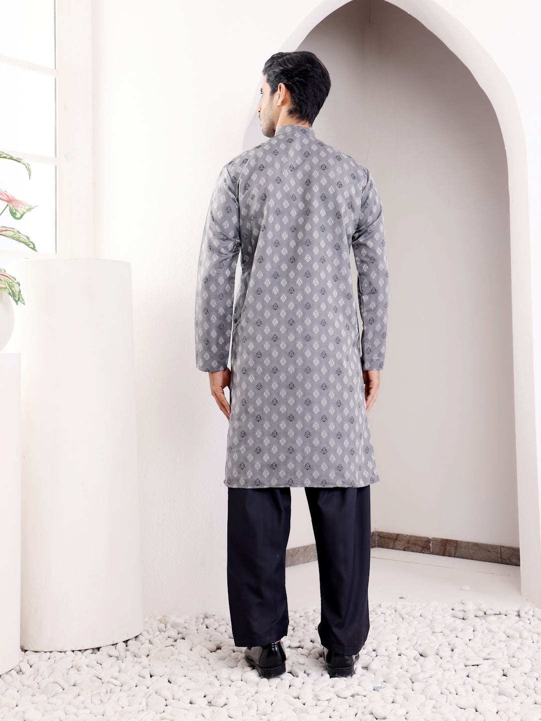 Grey Viscose Jacquard Kurta for Men – Perfect for Festive & Wedding Wear