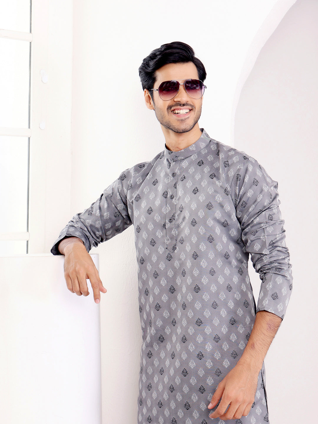 Grey Viscose Jacquard Kurta for Men – Perfect for Festive & Wedding Wear