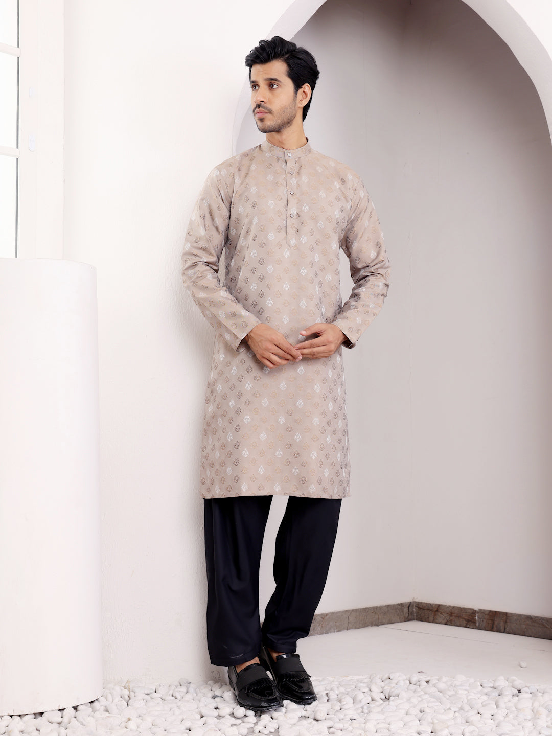 Beige Viscose Jacquard Kurta for Men – Perfect for Festive & Wedding Wear
