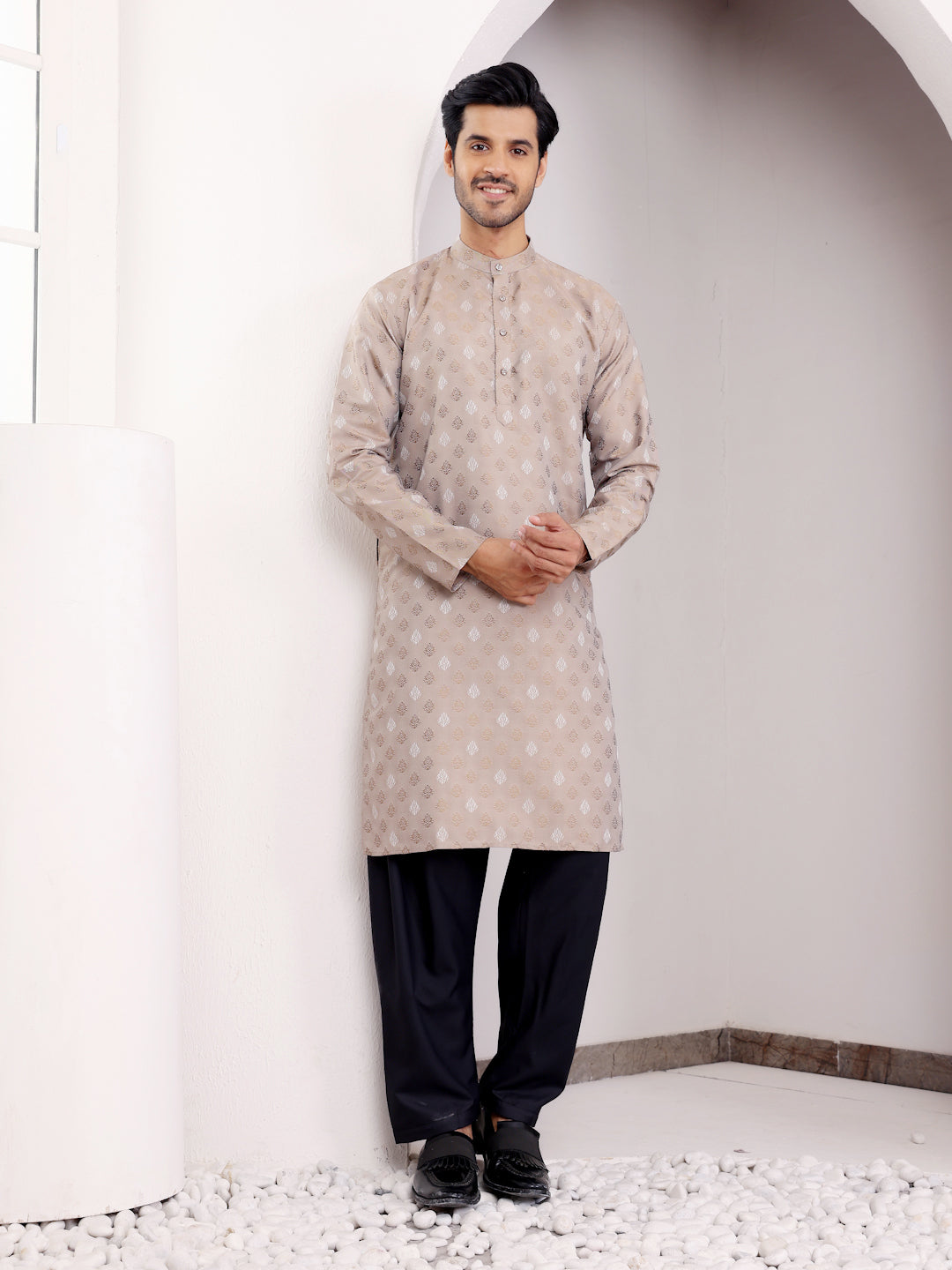 Beige Viscose Jacquard Kurta for Men – Perfect for Festive & Wedding Wear