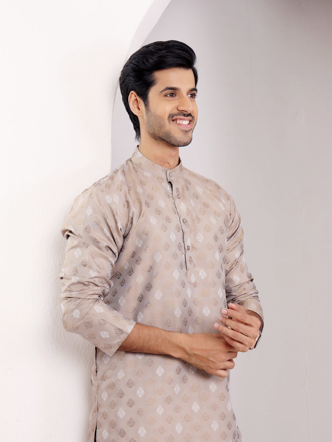 Beige Viscose Jacquard Kurta for Men – Perfect for Festive & Wedding Wear