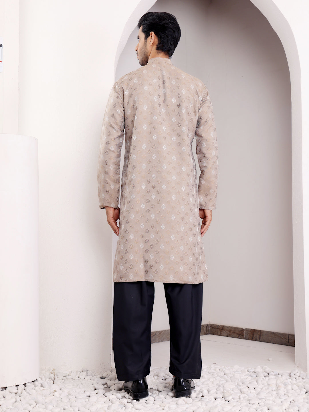 Beige Viscose Jacquard Kurta for Men – Perfect for Festive & Wedding Wear