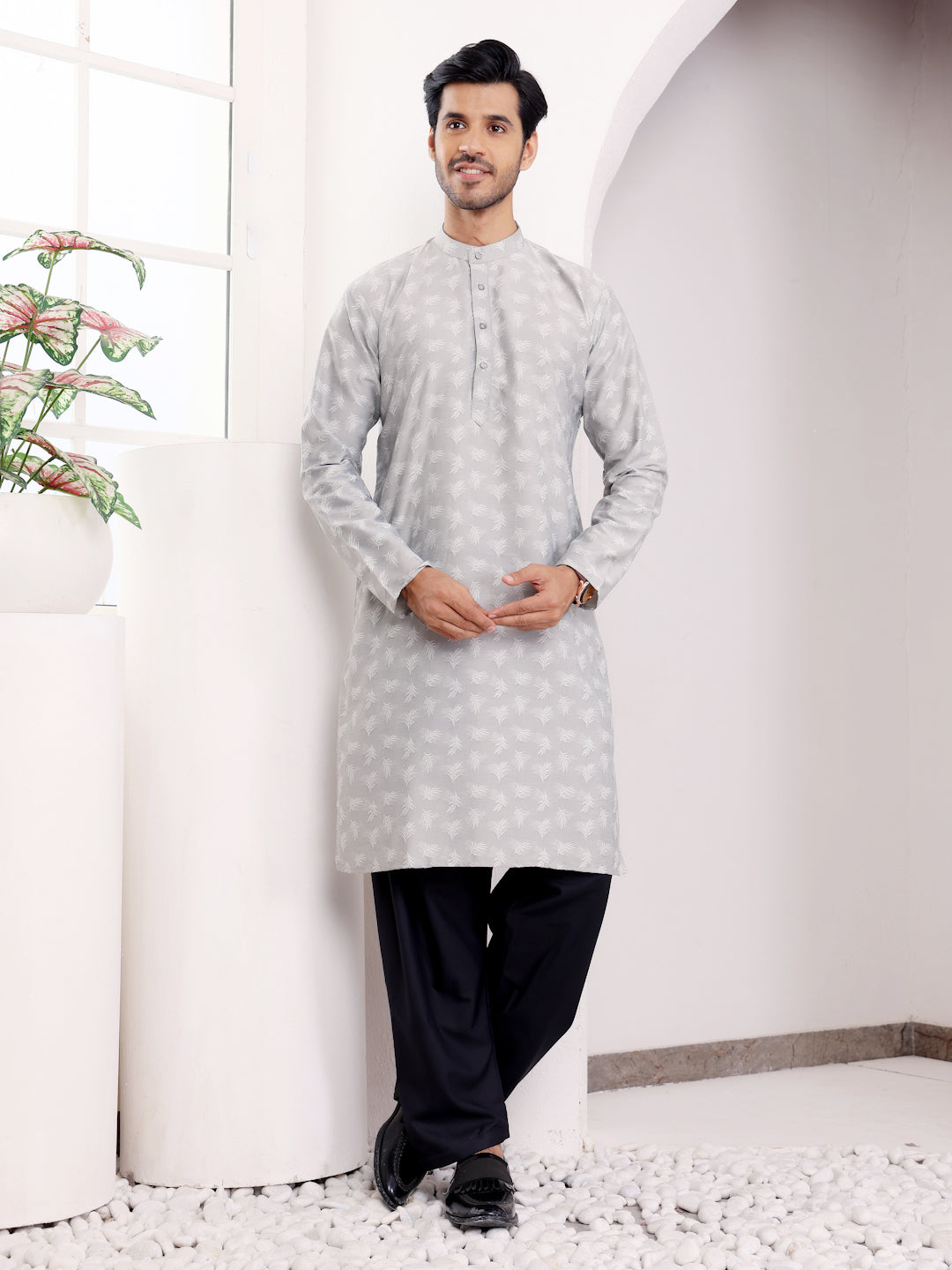Light Grey Viscose Jacquard Kurta for Men – Perfect for Festive & Wedding Wear