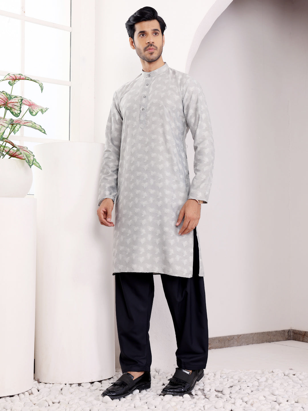 Light Grey Viscose Jacquard Kurta for Men – Perfect for Festive & Wedding Wear