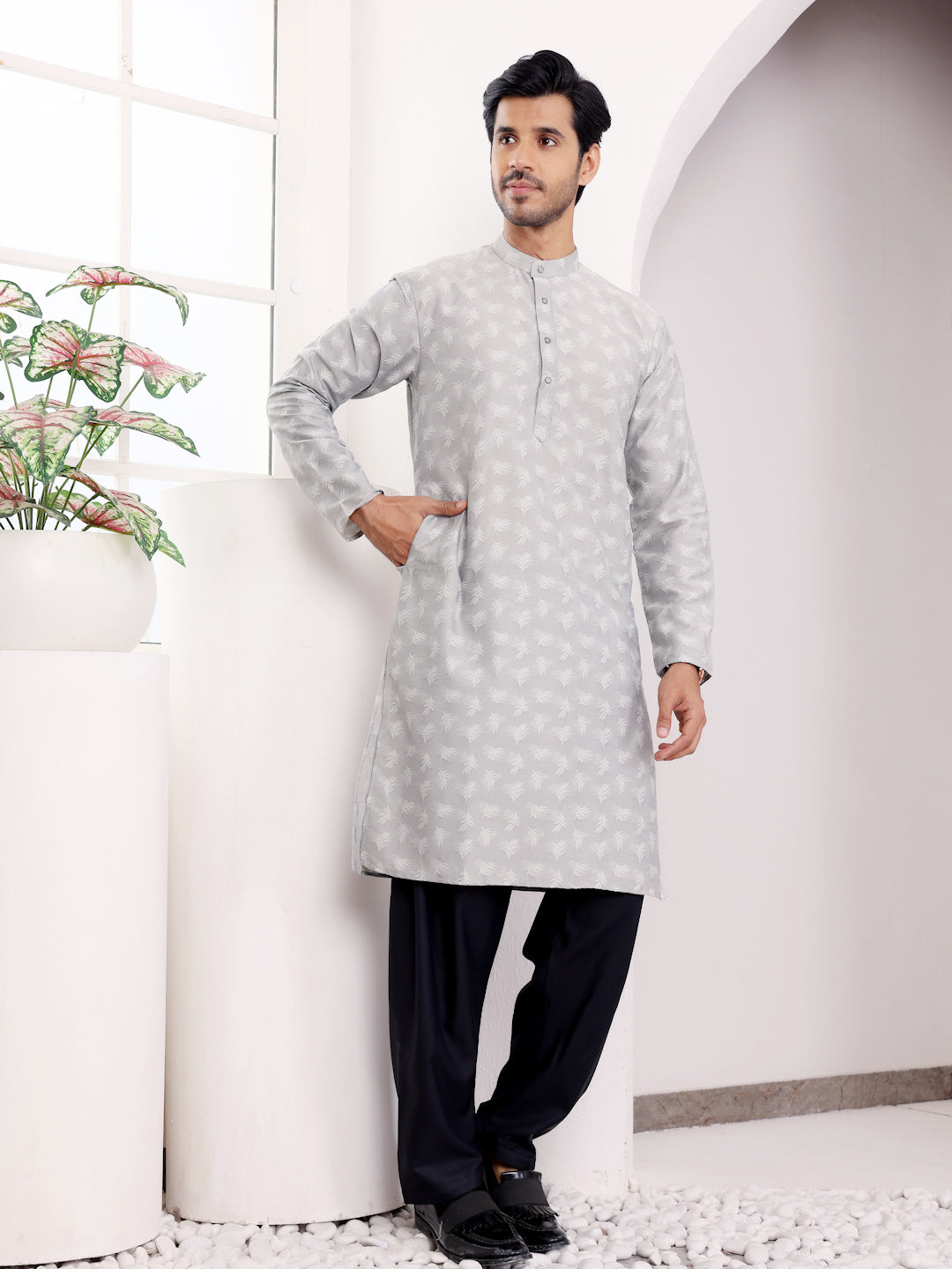 Light Grey Viscose Jacquard Kurta for Men – Perfect for Festive & Wedding Wear