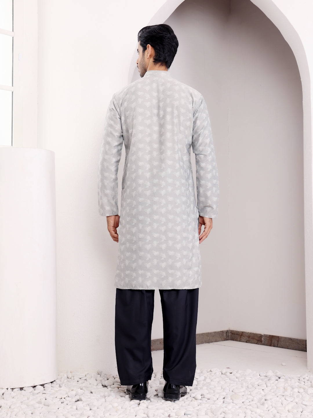 Light Grey Viscose Jacquard Kurta for Men – Perfect for Festive & Wedding Wear