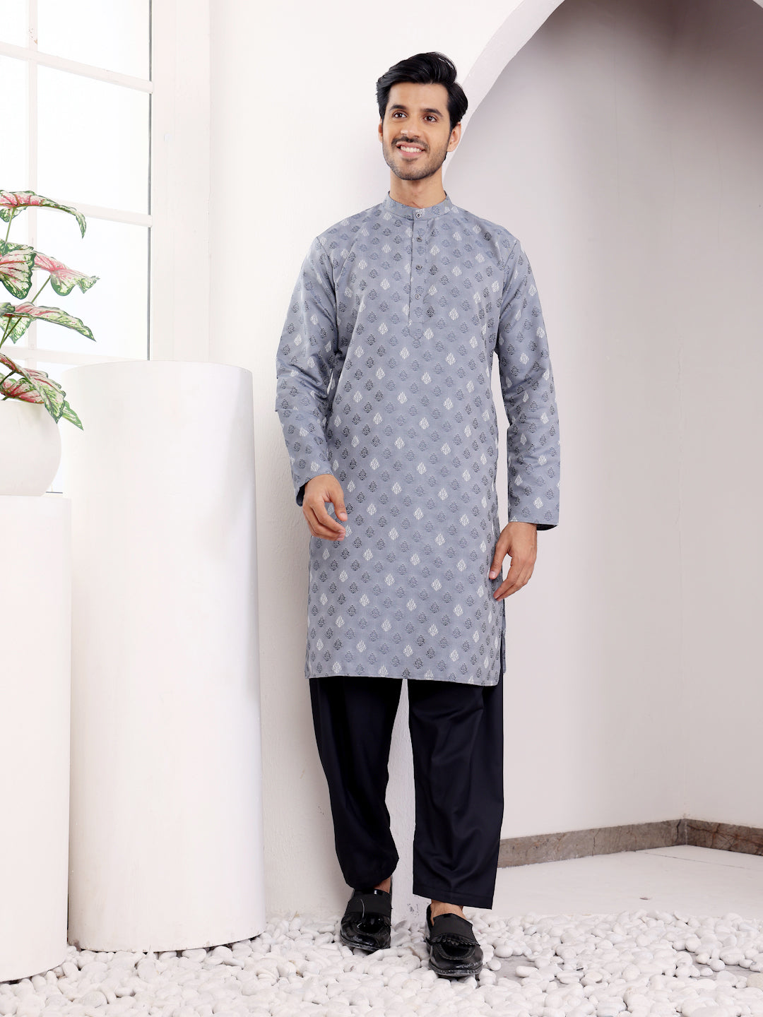 Steel Grey Festive Jacquard Kurta for Men – Elegant Traditional Wear
