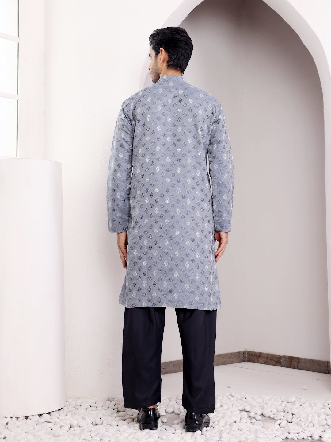 Steel Grey Festive Jacquard Kurta for Men – Elegant Traditional Wear