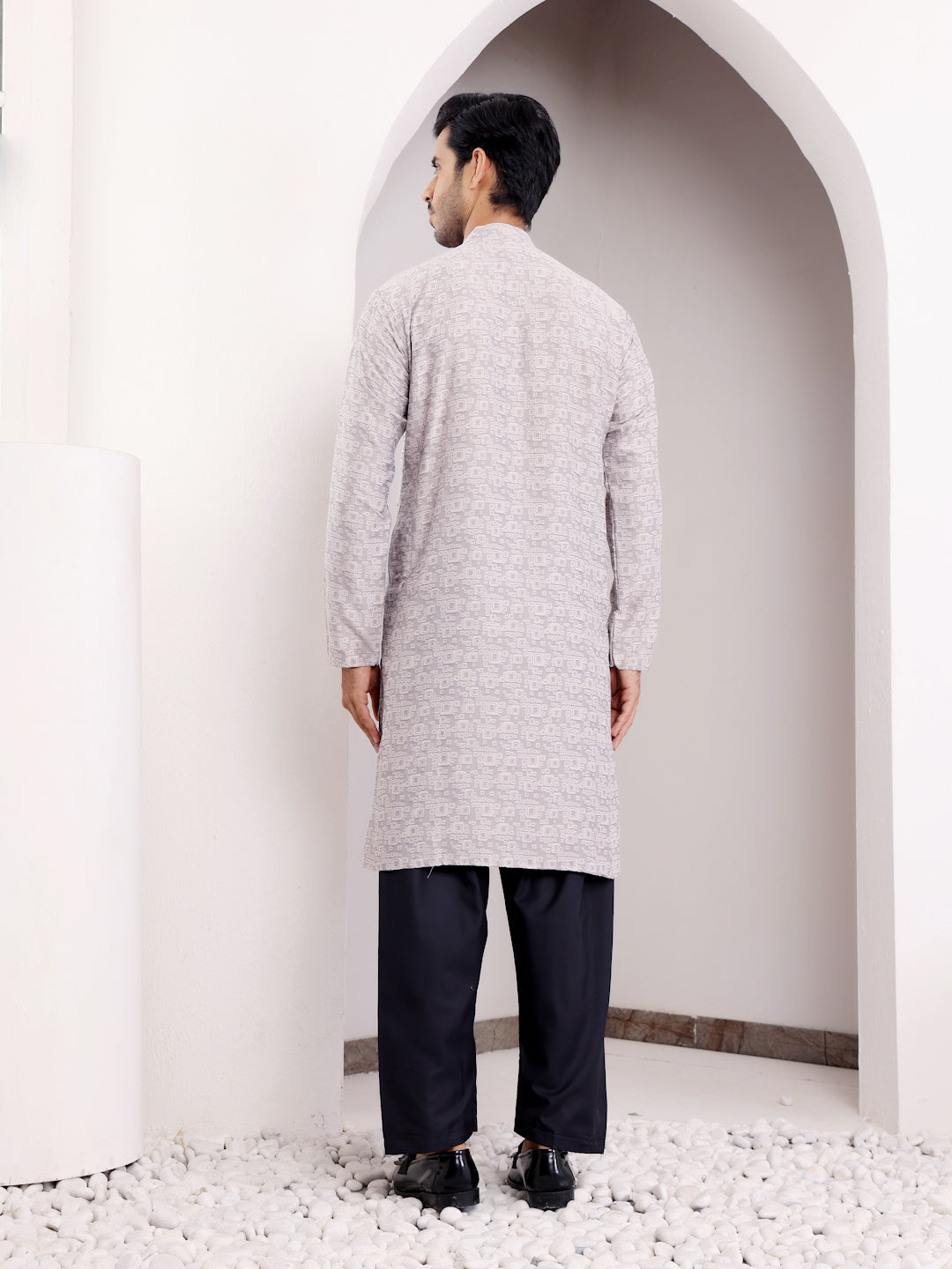 Textured Light Grey Printed Kurta for Men – Subtle Ethnic Elegance