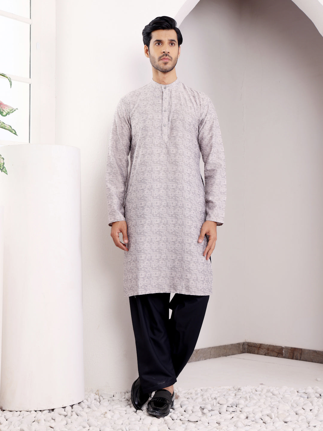 Textured Light Grey Printed Kurta for Men – Subtle Ethnic Elegance