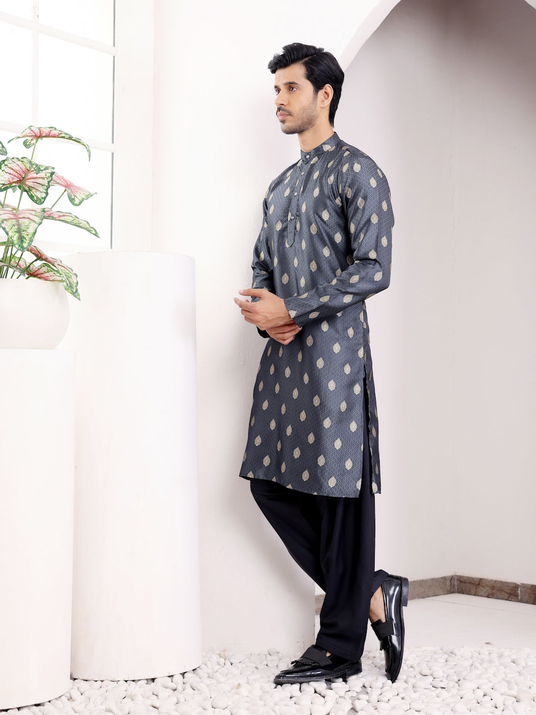 Royal Navy Blue Jacquard Kurta for Men – Festive & Wedding Wear with Golden Motifs