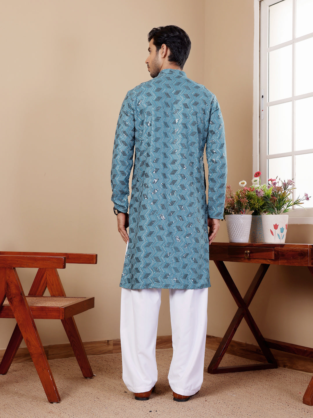 Cyan Blue Viscose Kurta with Cream Art Silk Pajama – Chikankari Embroidery