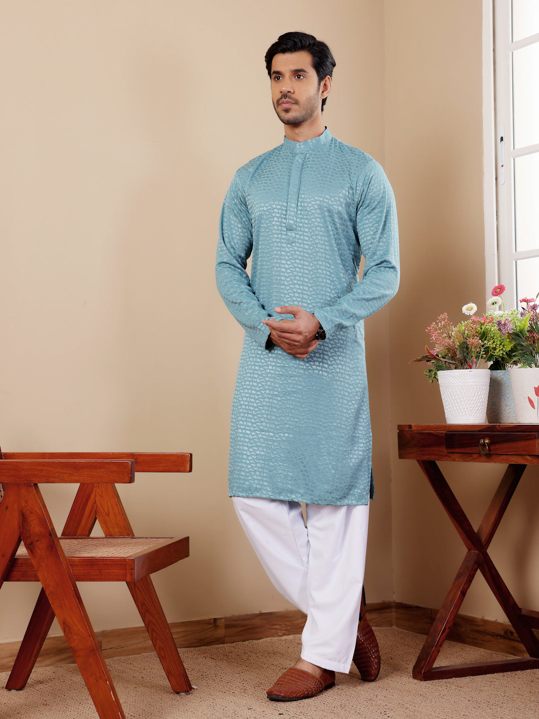 Light Cyan Blue Chikankari Kurta Pajama Set for Men