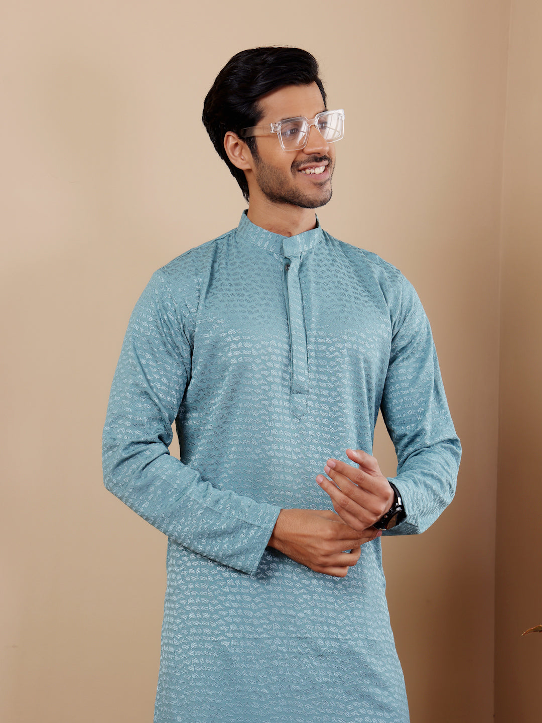 Light Cyan Blue Chikankari Kurta Pajama Set for Men