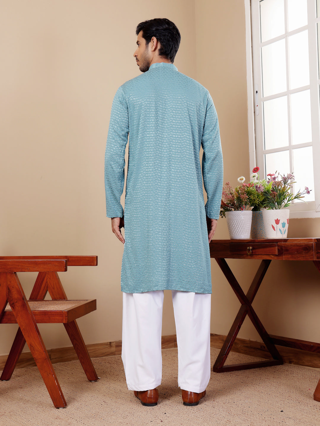 Light Cyan Blue Chikankari Kurta Pajama Set for Men