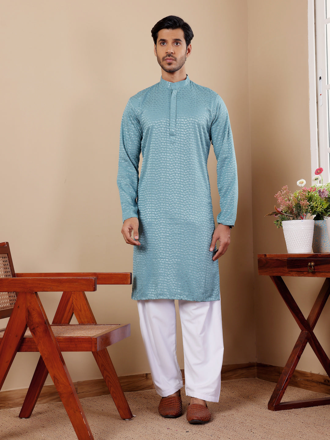 Light Cyan Blue Chikankari Kurta Pajama Set for Men