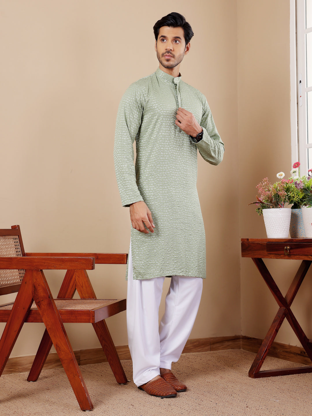 Pastel Green Chikankari Kurta Pajama Set for Men