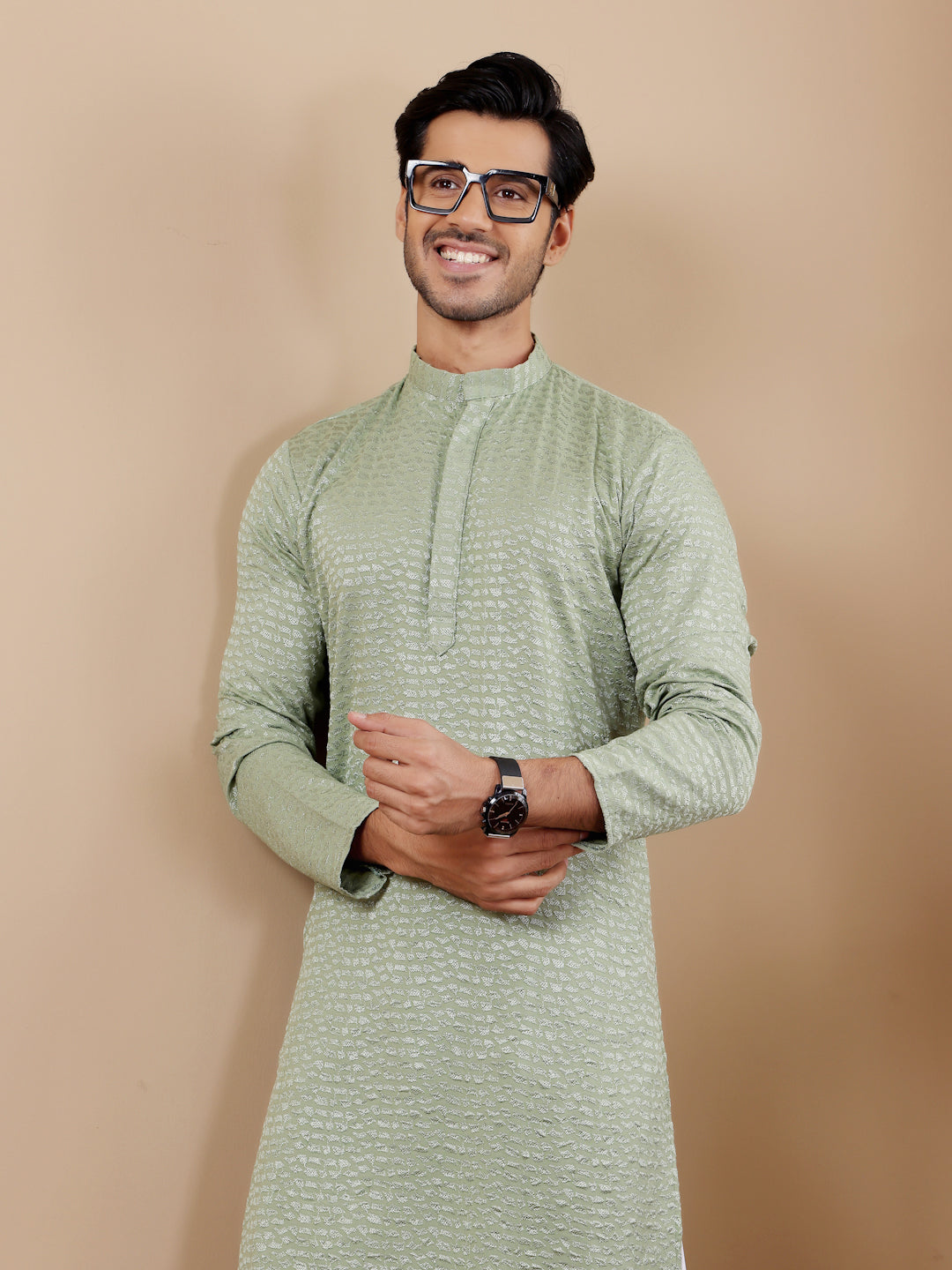 Pastel Green Chikankari Kurta Pajama Set for Men